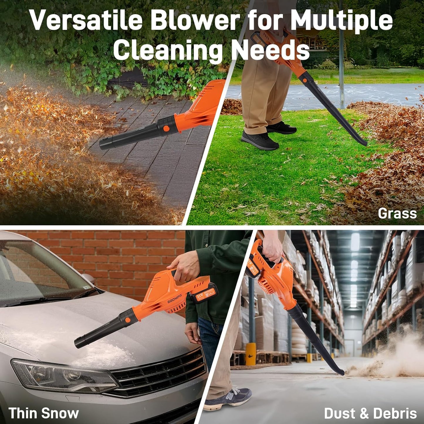 GOCHIFIX Leaf Blower Cordless, 2 * 21V 3.0Ah Battery and Charger, 5 Speed Levels, Lightweight 180 CFM 130 MPH Electric Powered Blower w/Extension Tube for Patio Lawn Care, Leaf Dust Blowing