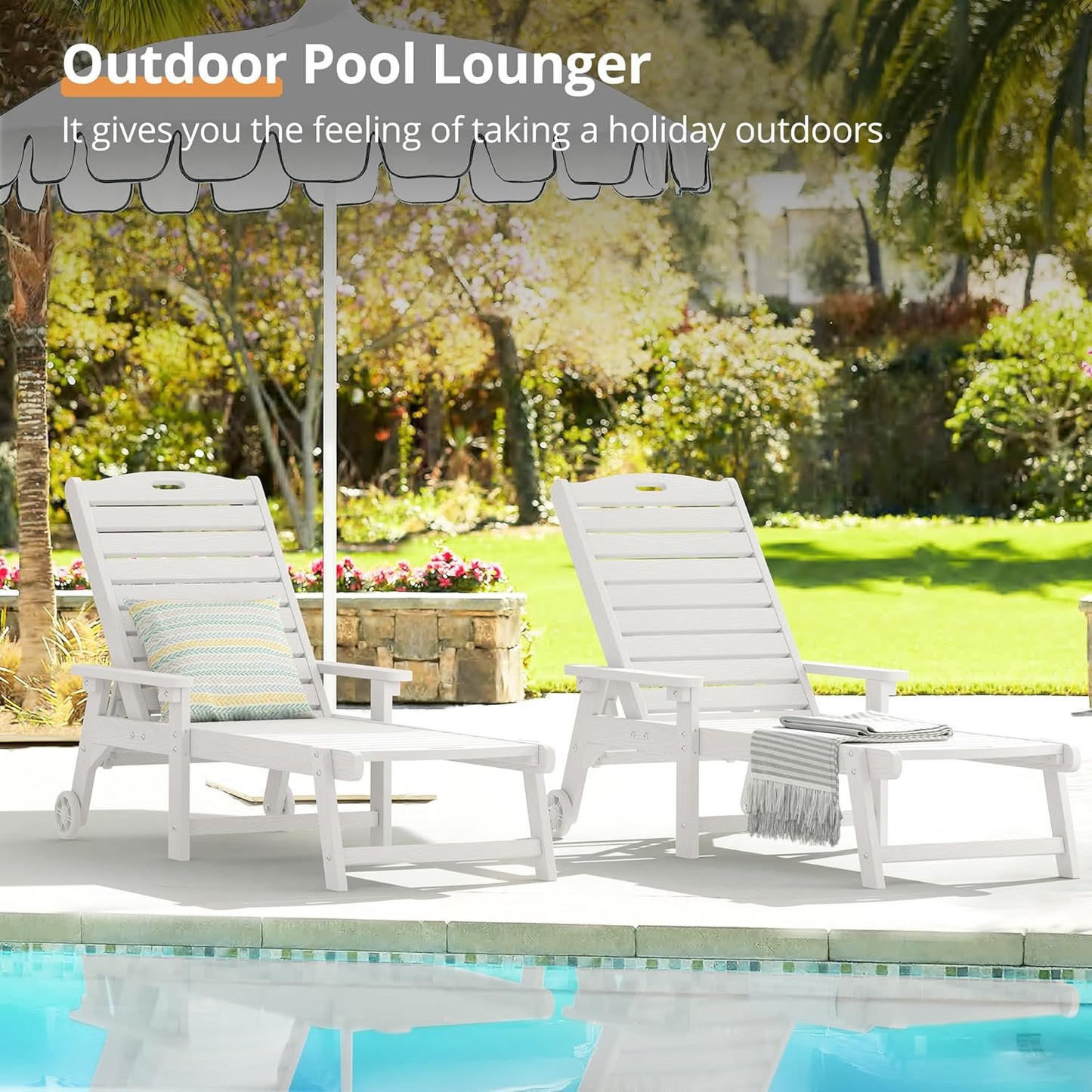 LUE BONA Chaise Lounge Chair with Table, 2-Piece, 79'' Oversized HDPS Chaise Lounger, 5 Positions Adjustable Lounge Chairs, Pool Lounge Chair with Wheels for Poolside, Backyard, 3 Year Warranty, White