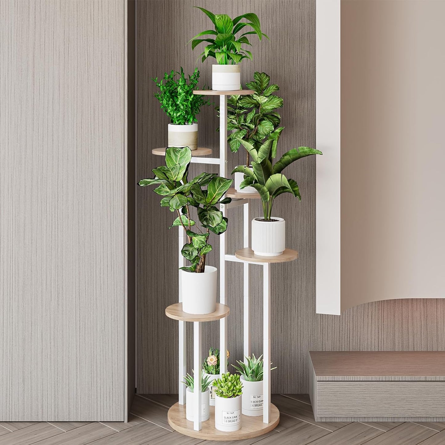 Plant Stand Indoor 6 Tier 9 Potted Multiple Flower Pot Holder for Patio Garden Balcony Living Room Corner (6 Tier White+Sonoma Oak)