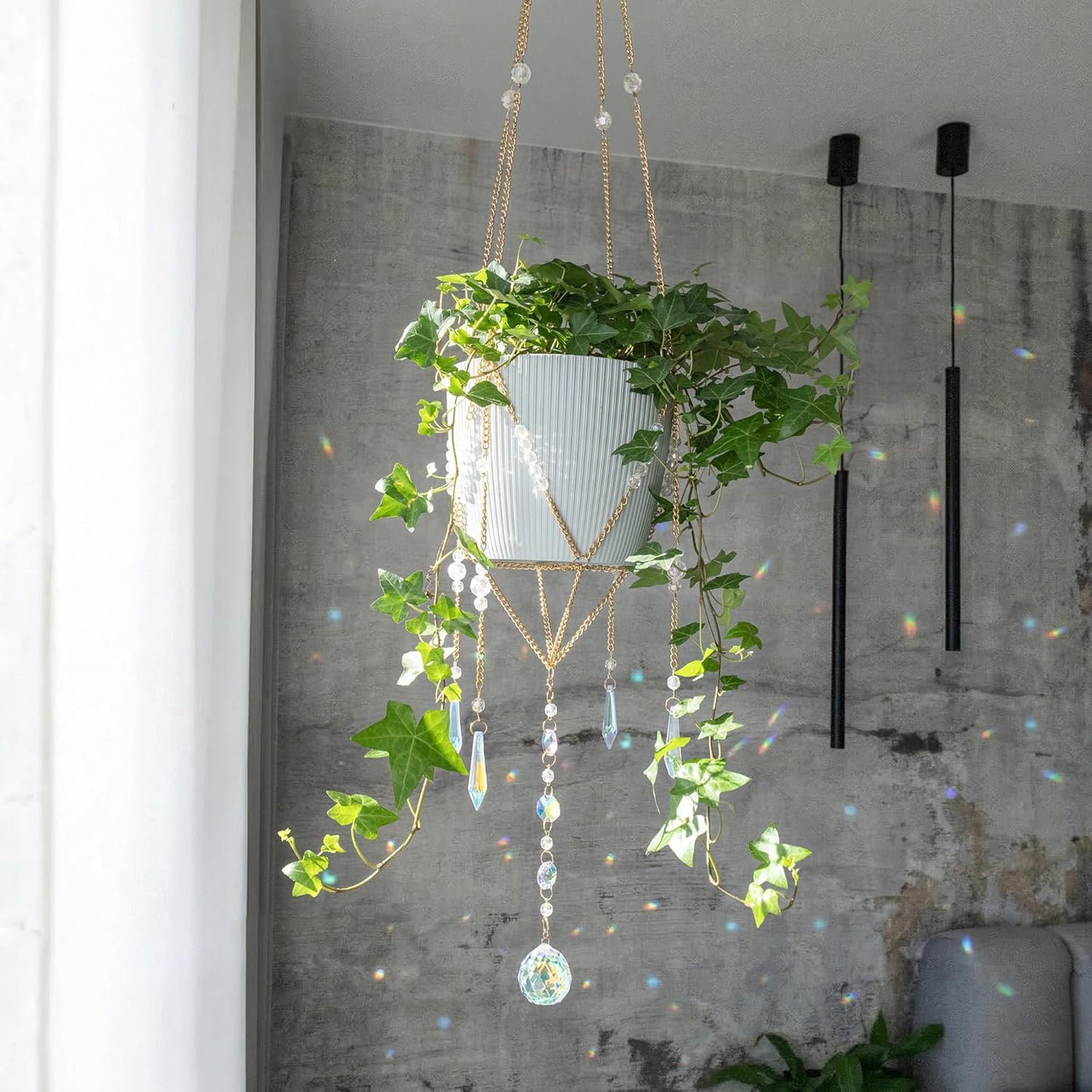 Sun Catcher Plant Hanger with Beads and Glass Crystal Ball Suncatcher. Large Beaded Plant Hanger. Plant Accessories for Indoor Plants. Home Decor for Plant Lovers. (Pots/Plants Not Included)