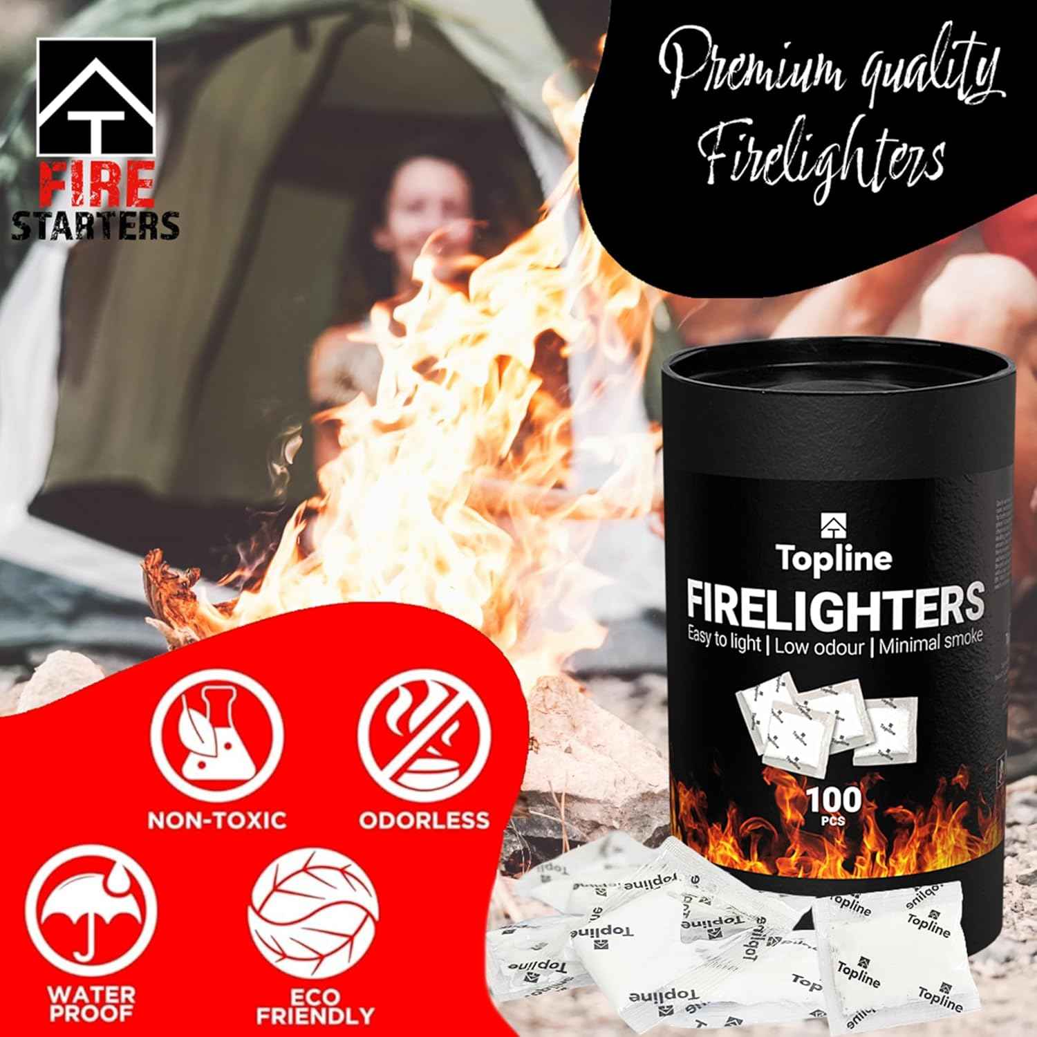 Topline 100 Fire Starters for Fireplace, Wood Stove, Charcoal BBQ & Campfire — Waterproof Odorless Fire Starter Sachets, Quick-Light Indoor & Outdoor Firestarter Pouches in Storage Tube