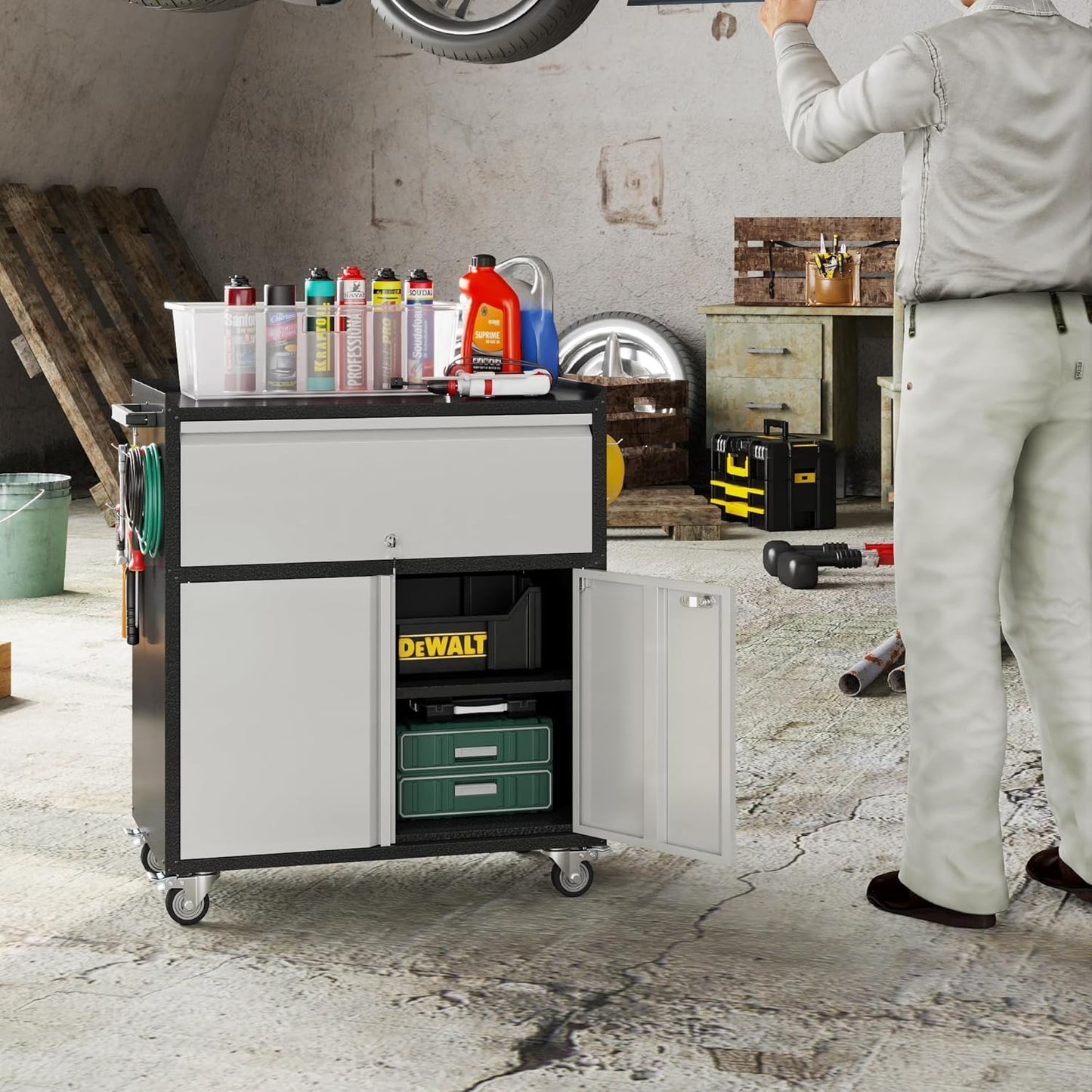 Metal Storage Cabinet on Wheels with 1 Drawer, Rolling Steel Garage Tools Cabinet with Side Pegboard &4 Hooks & 1 Adjustable Shelf for Garage,Shop,Home,Gray/Black, Assembly Required