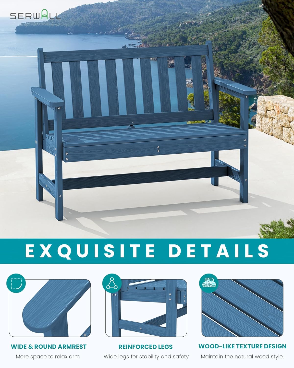 SERWALL Outdoor Bench, HDPE Outdoor Benches Weatherproof, 2-Person Garden Bench with 660 lbs Weight Capacity, Patio Benches for Outdoors, Garden, Porch, Backyard and Park, Navy, 4 Pack