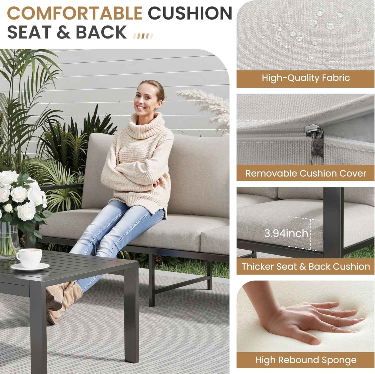 Aluminum Patio Furniture Sets Metal Outdoor Furniture Set with Cushion All-Weather Sectional Sofa with Coffee Table for for Backyard, Garden and Poolside Easy Assembly(Beige)