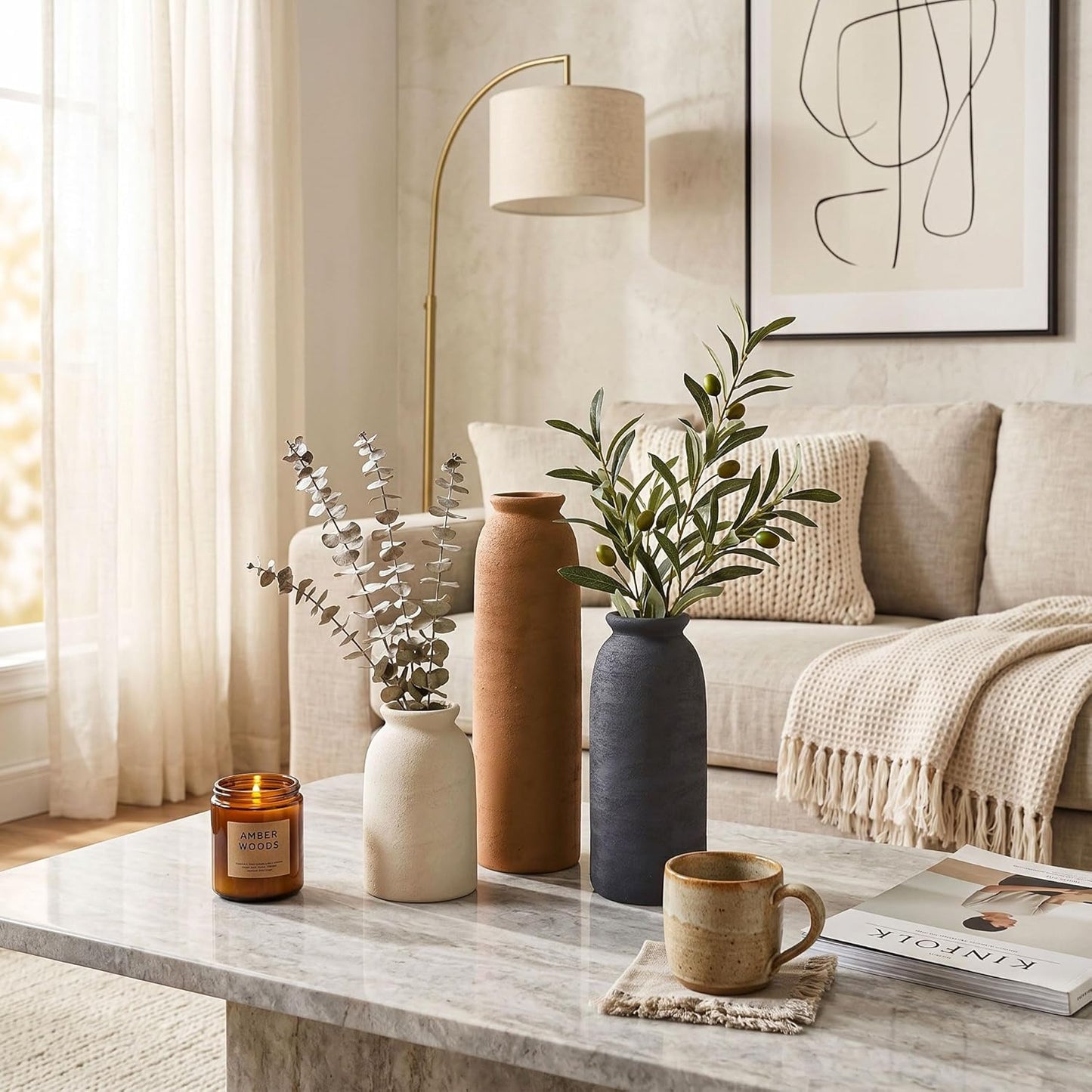 Ceramic Vase Set of 3, Small Flower Rustic Vases Home Table Decor, Modern Farmhouse Neutral Boho Pampas Pottery Vases Decorative for Centerpiece Mantel Entryway Shelf Living Room Kitchen