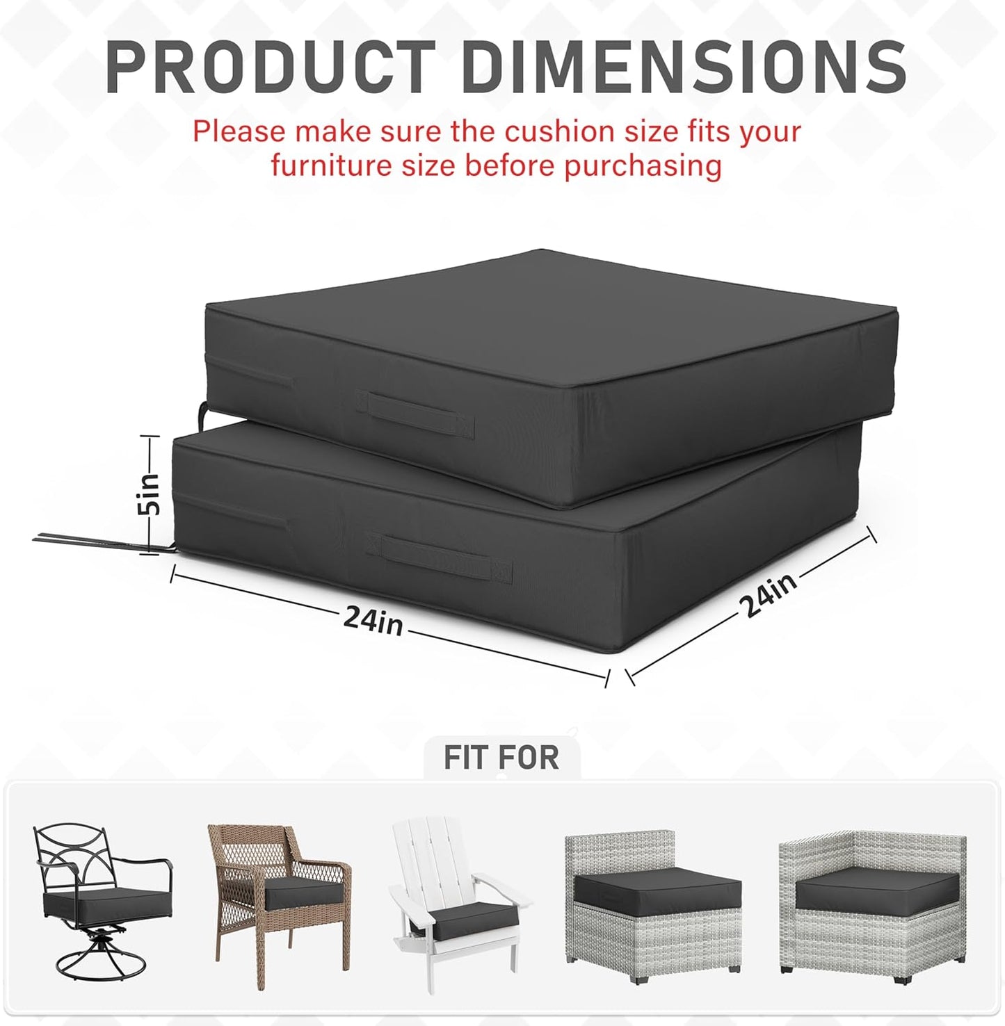 Patio Chair Cushions 24 X 24 X 5 Inch Waterproof Outdoor Seat Cushions for Patio Furniture, Outdoor Sofa Couch Pads with Ties & Handle, Set of 2, Grey
