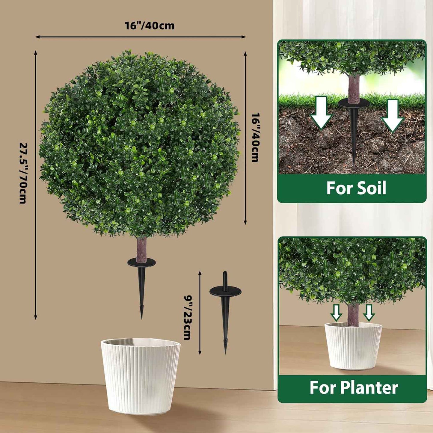 27.5" Artificial Boxwood Topiary Ball Tree, Set of 2 Fake Bushes Shrubs with Ground Spike, UV Resistant Faux Evergreen Boxwood Trees for Front Porch Planters Outdoor Garden Decor