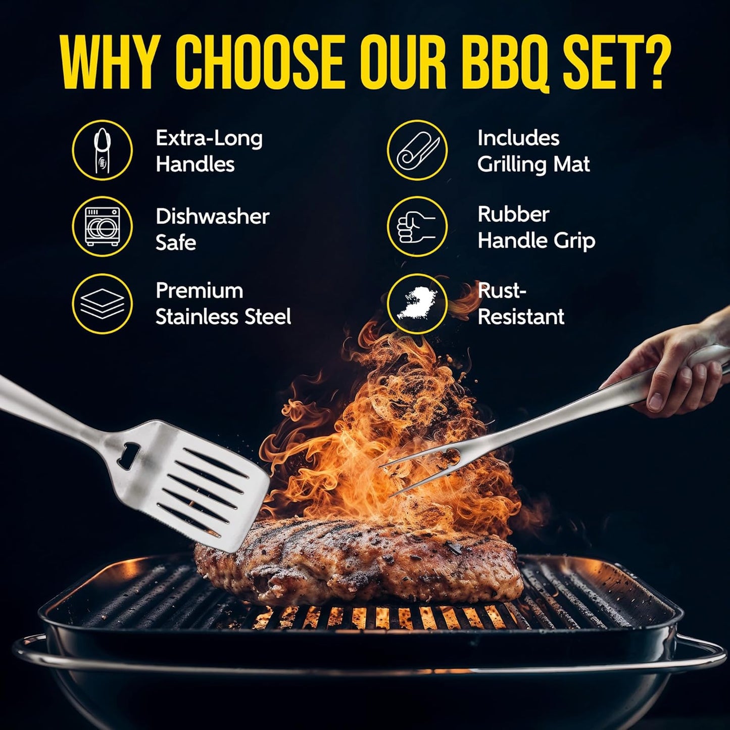 Kaluns BBQ Grilling Accessories, Grilling Gifts for Men Dad, Grill Tools for Outdoor Grill, Heavy Duty Stainless Steel Grill Set with Spatula, Tongs, Fork, Brush, & Grilling Mat, Best BBQ Gifts