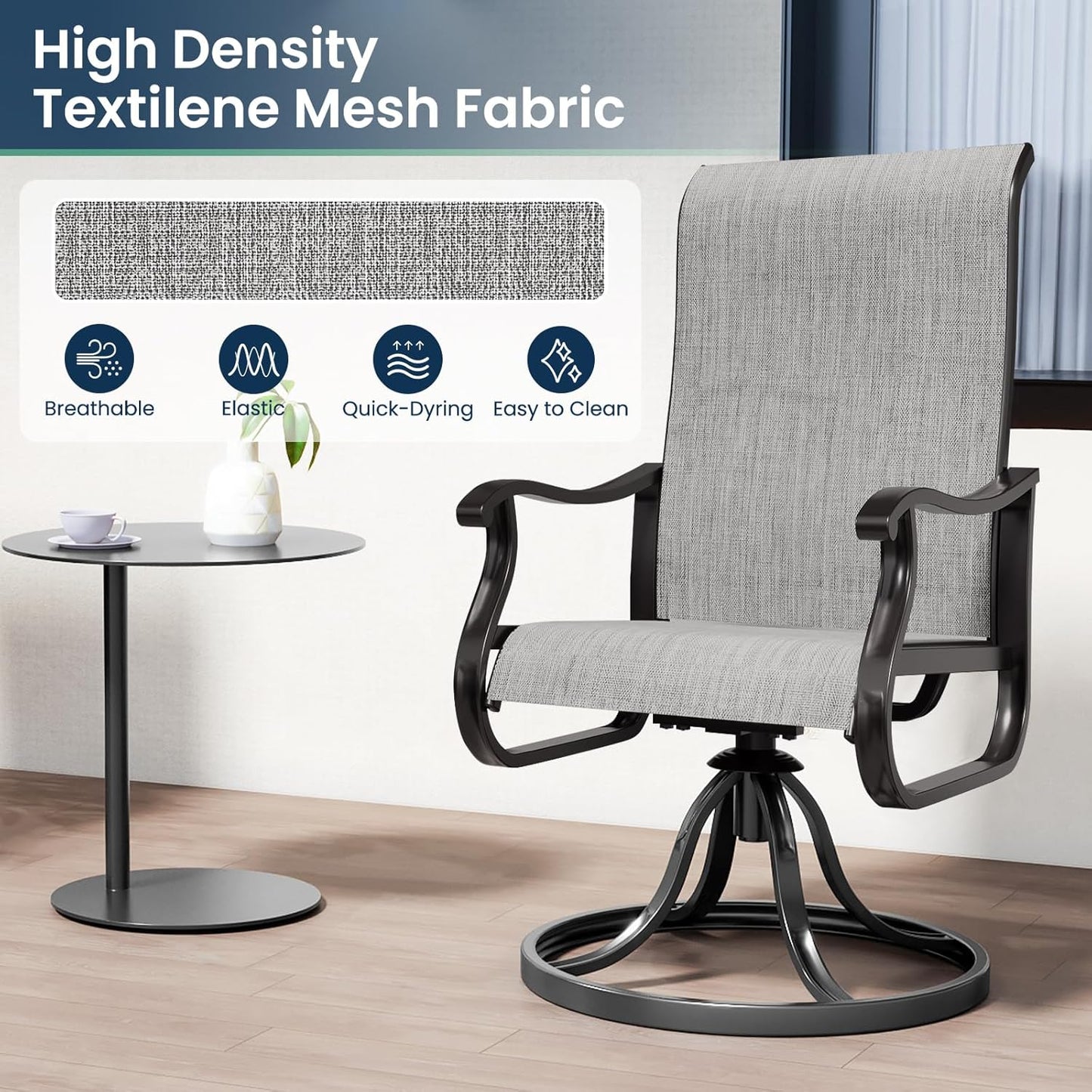 Amopatio Patio Swivel Chairs Set of 2, Outdoor Swivel Rocker Dining Chairs with All Weather Textilene High Back & Metal Frame, for Backyard Deck Lawn, Light Gray