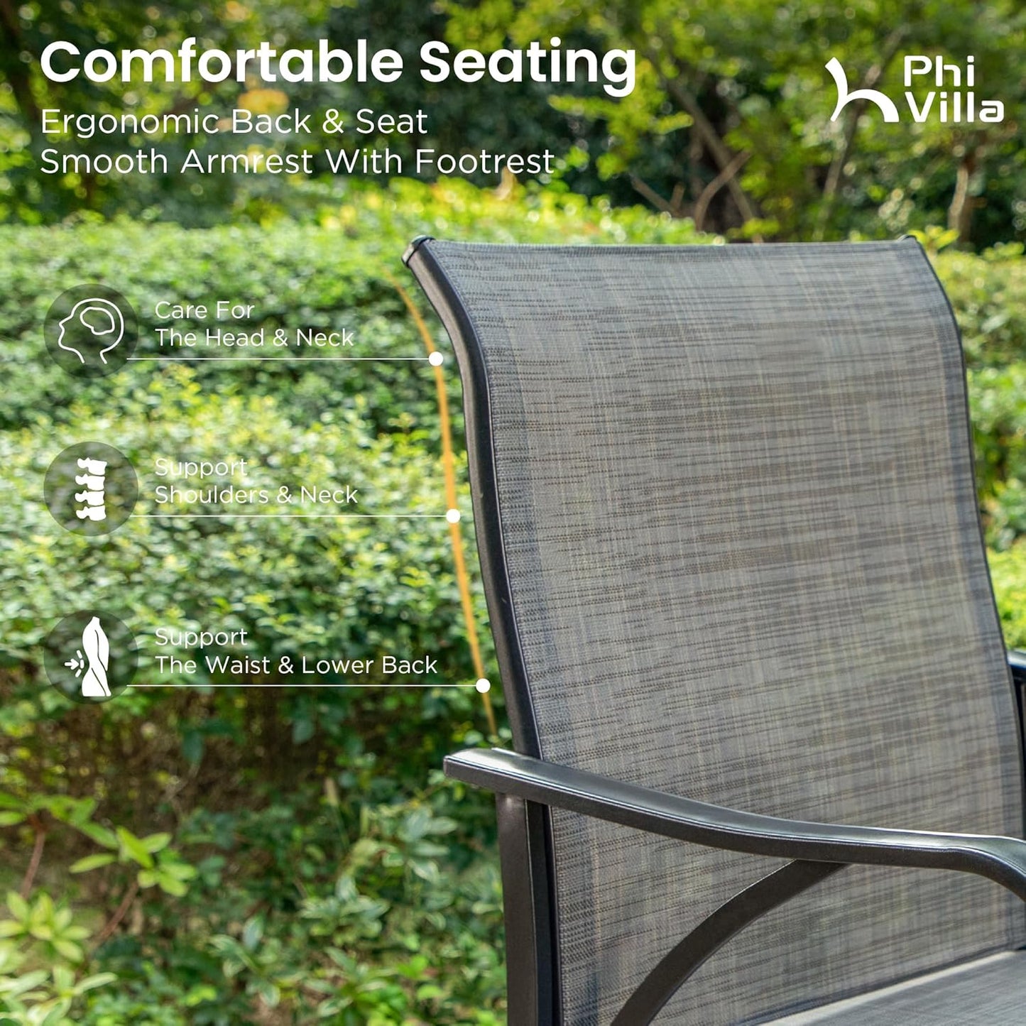 PHI VILLA 5 Piece Patio Bar Set, Bar Height Outdoor Bistro Table and Chairs with Swivel Bar Stools (Gray) and Square Metal Bar Table for Deck, Garden and Porch