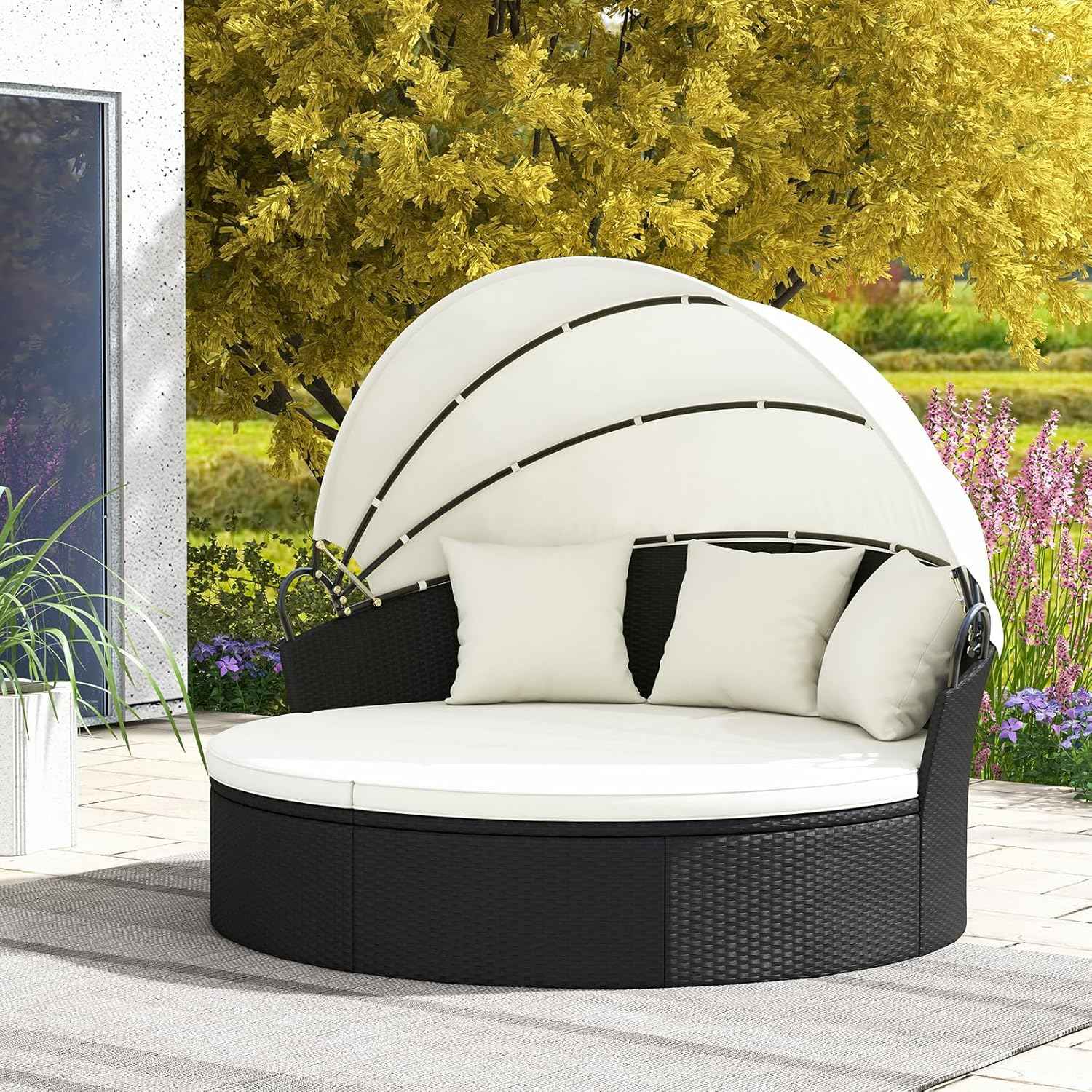 RELAX4LIFE Round Outdoor Daybed with Canopy - Wicker Rattan Sectional Sofa Sunbed w/Cushions & 3 Pillows, Clamshell Conversation Lounger Separated Seating Set for Garden Porch, Patio Day Bed (Beige)