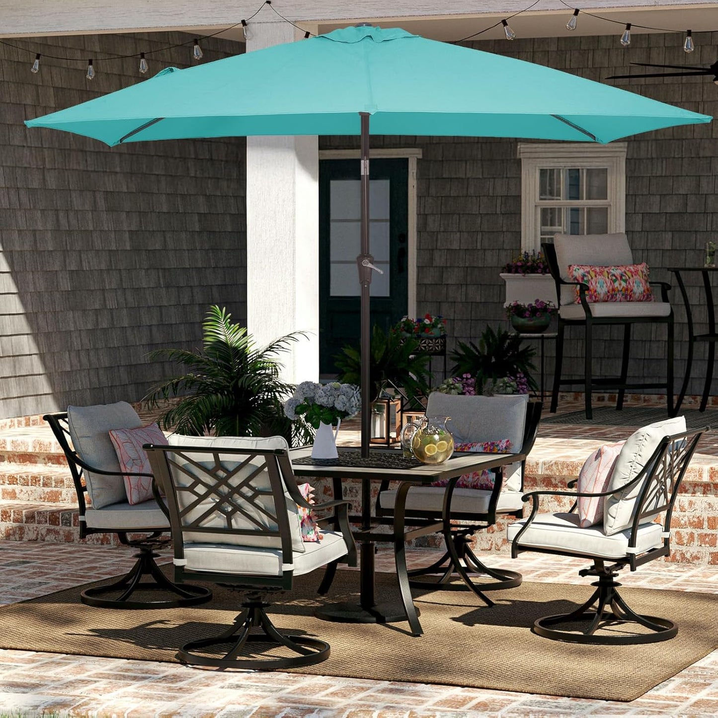 JEAREY 6.5x10 ft Rectangular Patio Umbrellas Outdoor Market Umbrella with Push Button Tilt and Crank, Rectangle Table Umbrella 6 Sturdy Ribs UV Protection for Pool Garden Backyard Deck, Peacock Blue