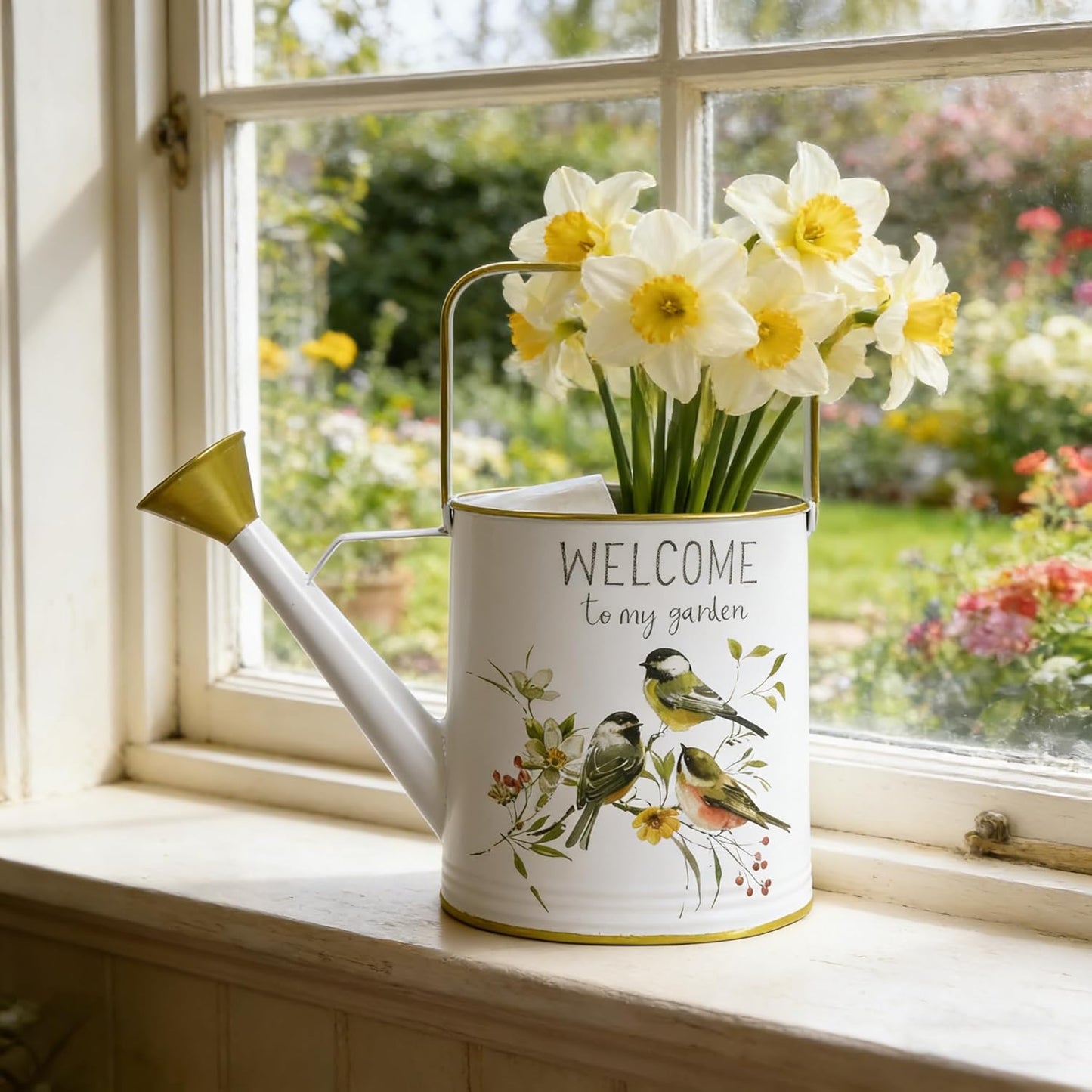 Vintage Decorative Metal Watering Can - Welcome to My Garden with Charming Bird & Floral Design, Rustic Farmhouse Watering Pot Planter for Indoor/Outdoor Plant Care