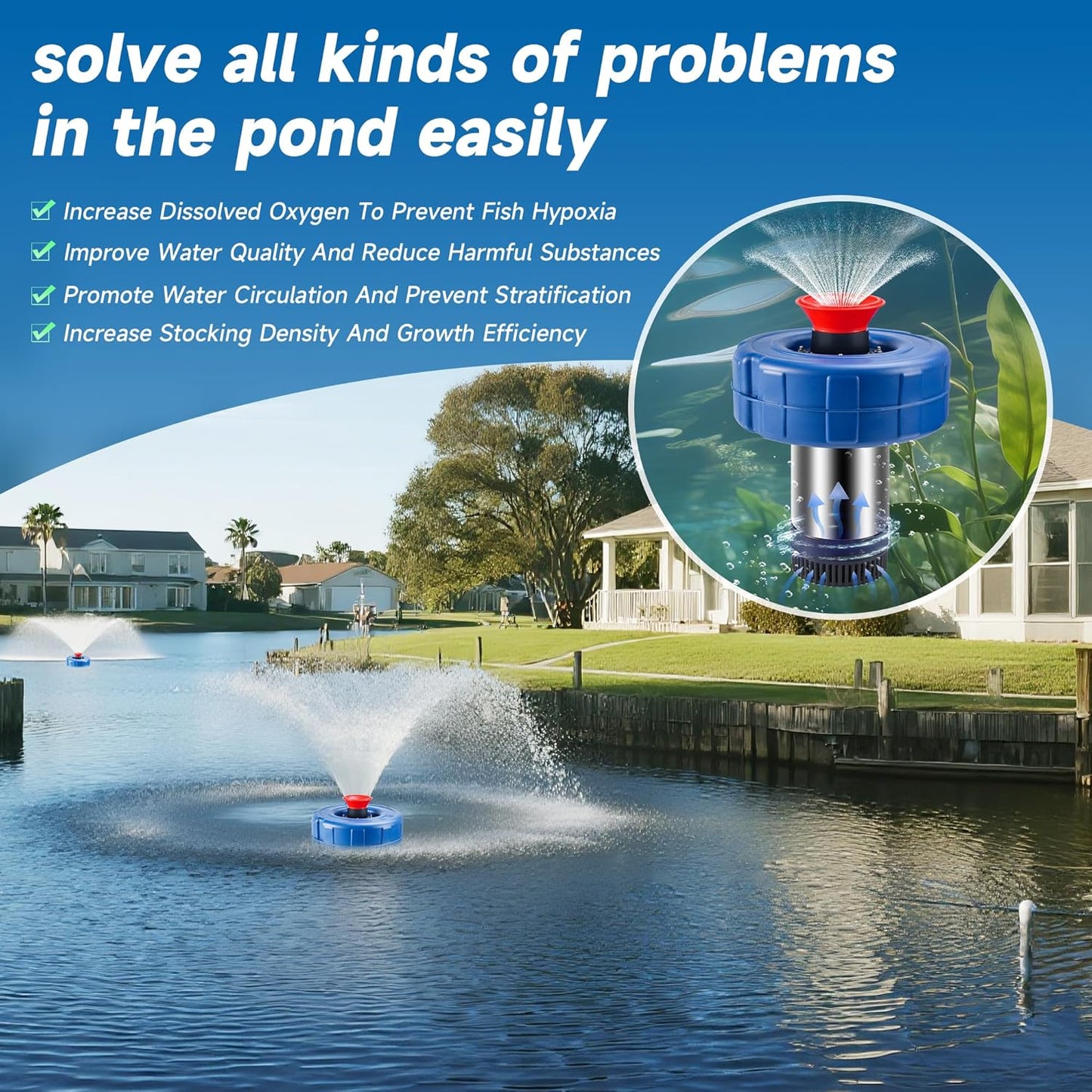 Pond Fountain Aerator-15000 GPH Fully Automatic Powerful Lake Floating Fountain, 1HP/750W 110V, 100ft power cord, 2 * 100ft guide ropes, Suitable For Ponds And Landscape Fountains (Stainless steel)