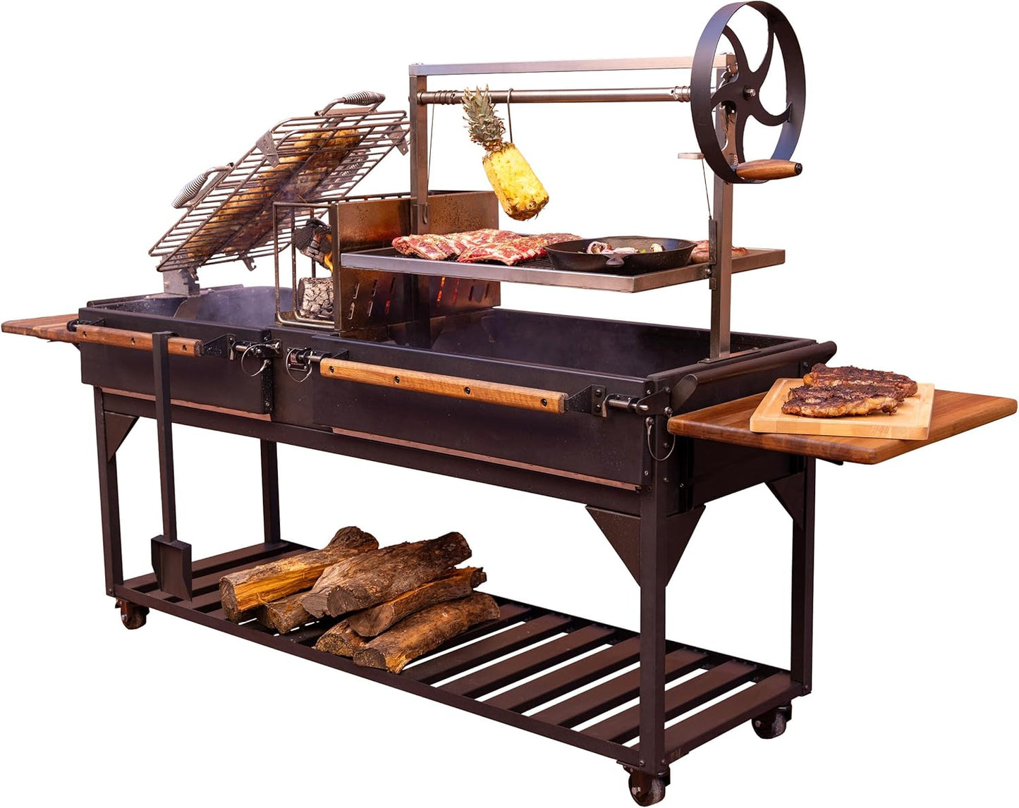 Backyard Discovery Argentine Santa Maria XL Wood Fire & Charcoal Steel BBQ Grill with Asado Clamp, Adjustable Grill Grates, Brasero, Fire Bricks, S-Hooks, Acacia Wood Table for Outdoor Gaucho Grilling