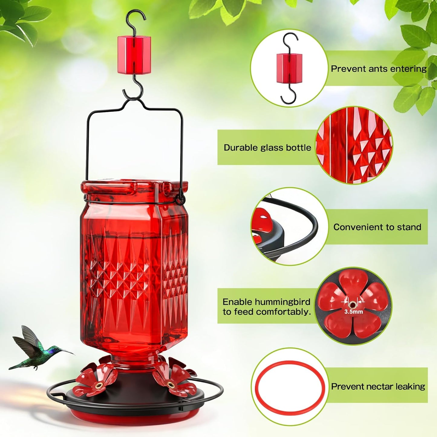 Tegarbed Glass Hummingbird Feeder 20oz – Bee Guard, Ant Moat, Leak-Proof (2 Pack)