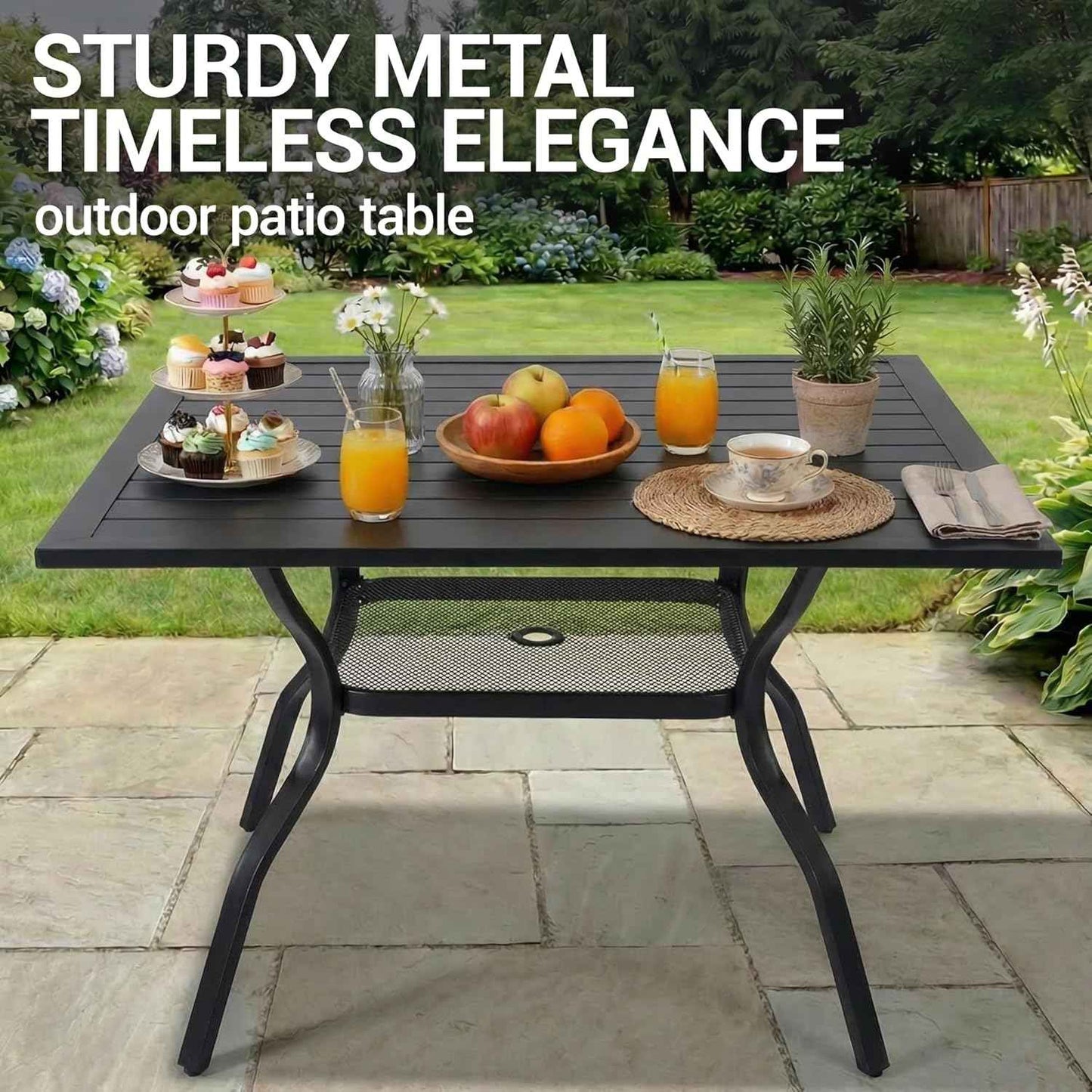Outdoor Patio Dining Table for 4 People, 37" All-Weather Resistant Metal Square Table with Adjustable Umbrella Hole for Garden Backyard Porch Poolside, Black