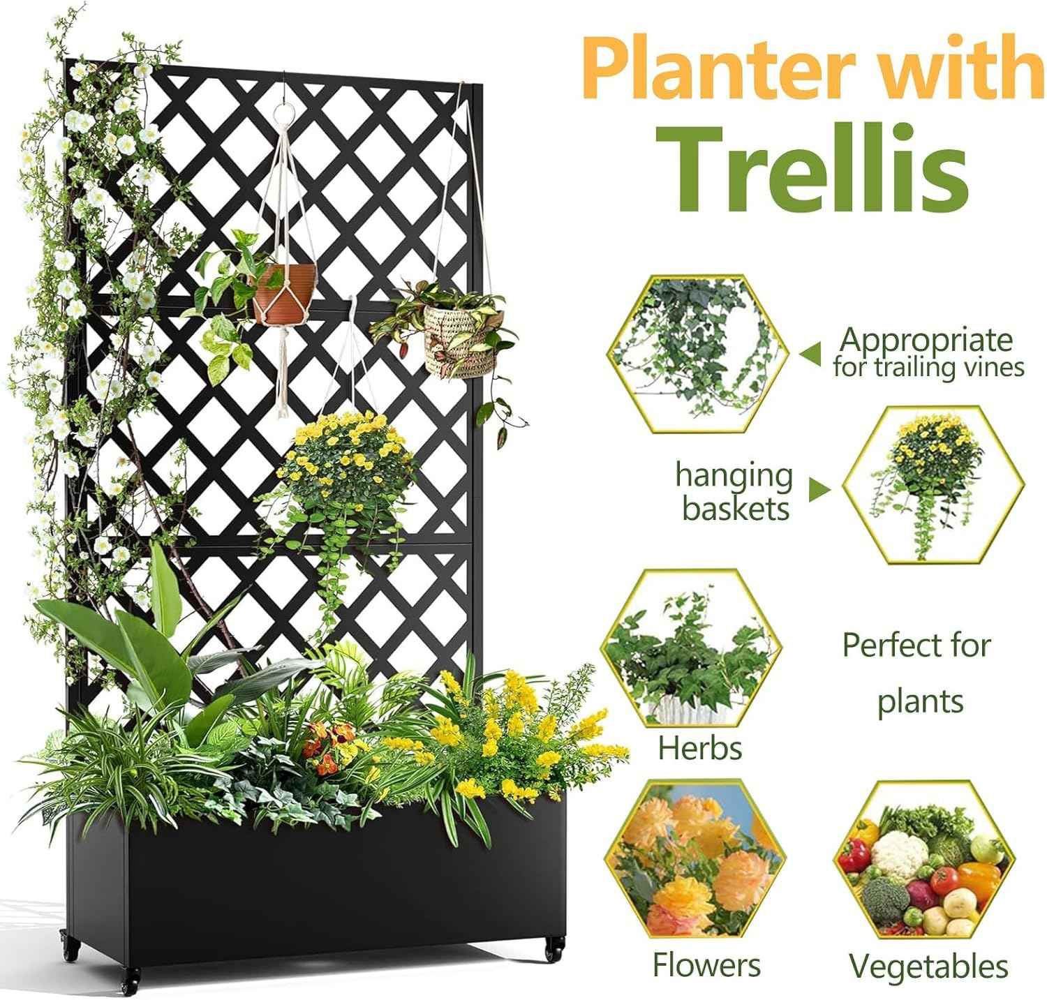 Metal Raised Garden Bed with Trellis and Wheels, 72"x47" Planter Box for Climbing Plants, Vegetables & Vines, Features Drainage Holes and Privacy Screen