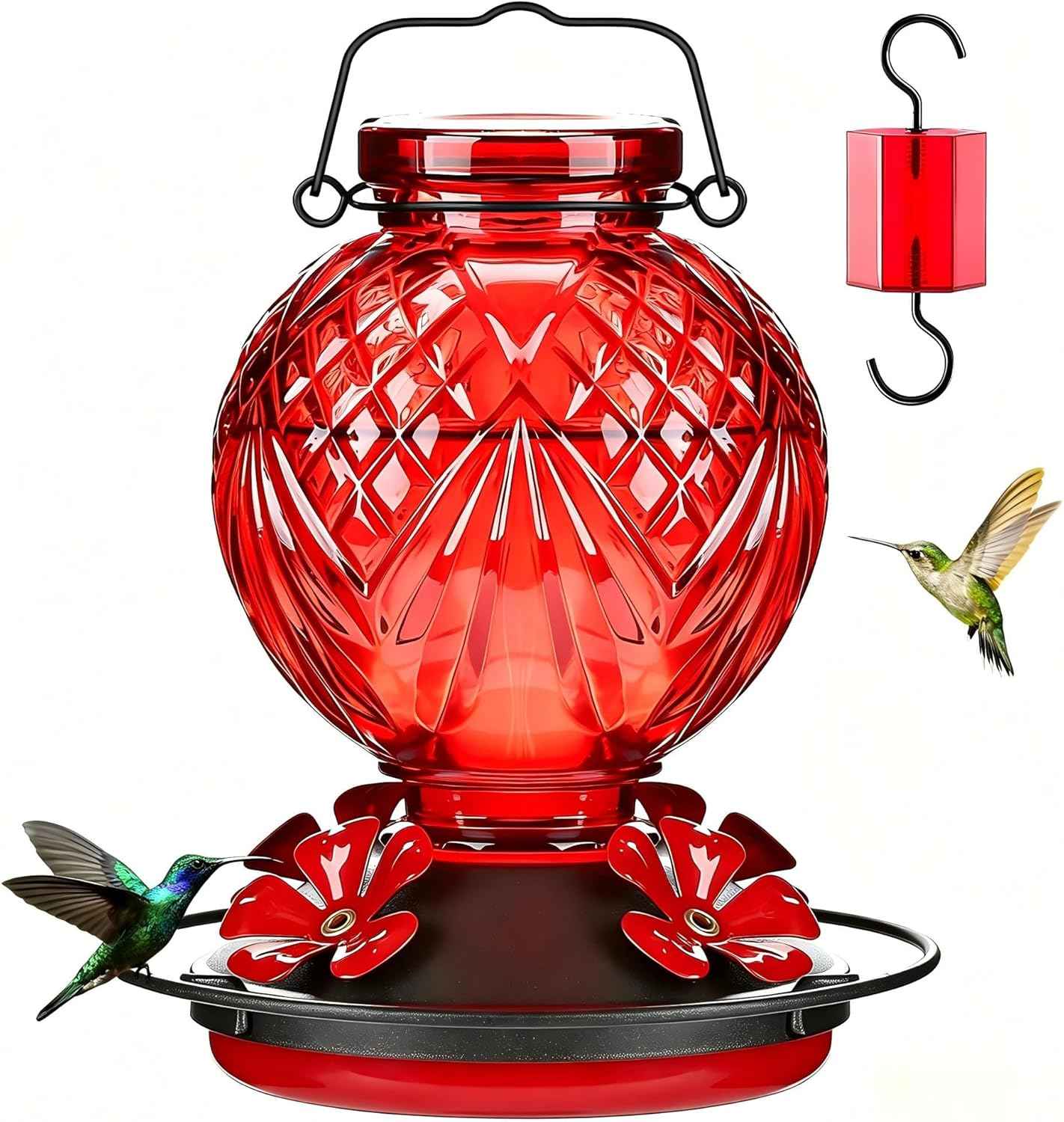 Glass Hummingbird Feeder for Outdoors Hanging, 20oz Bird Nectar Feeder with 4 Bee Guard Flower-Shaped Feeding Ports & Built-in Ant Moat, Easy to Clean, for Bird Lover,1 Pack, Red