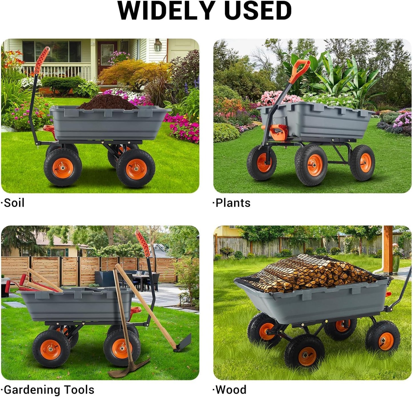 800 lbs Poly Garden Dump Cart, Heavy-Duty Wheelbarrow with 10-Inch Tires, 180° Rotating Handle, Steel Frame, and Quick Release System for Soil, Plants, Gardening Tools, and Firewood (Grey)