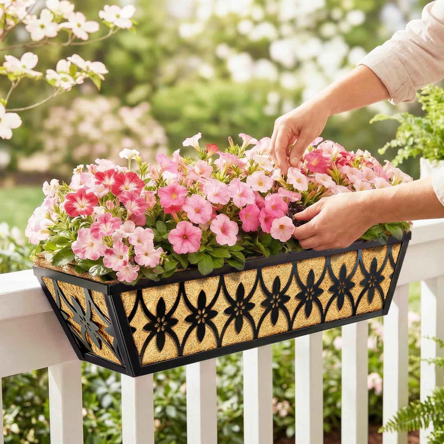24 Inch Window Boxes Planters Railing Planter Box - 2 Pack Deck Railing Planter Boxes with Adjustable Brackets Coco Liners Balcony Planters Railing Hanging for Window Flower Boxes Outdoor Garden Decor