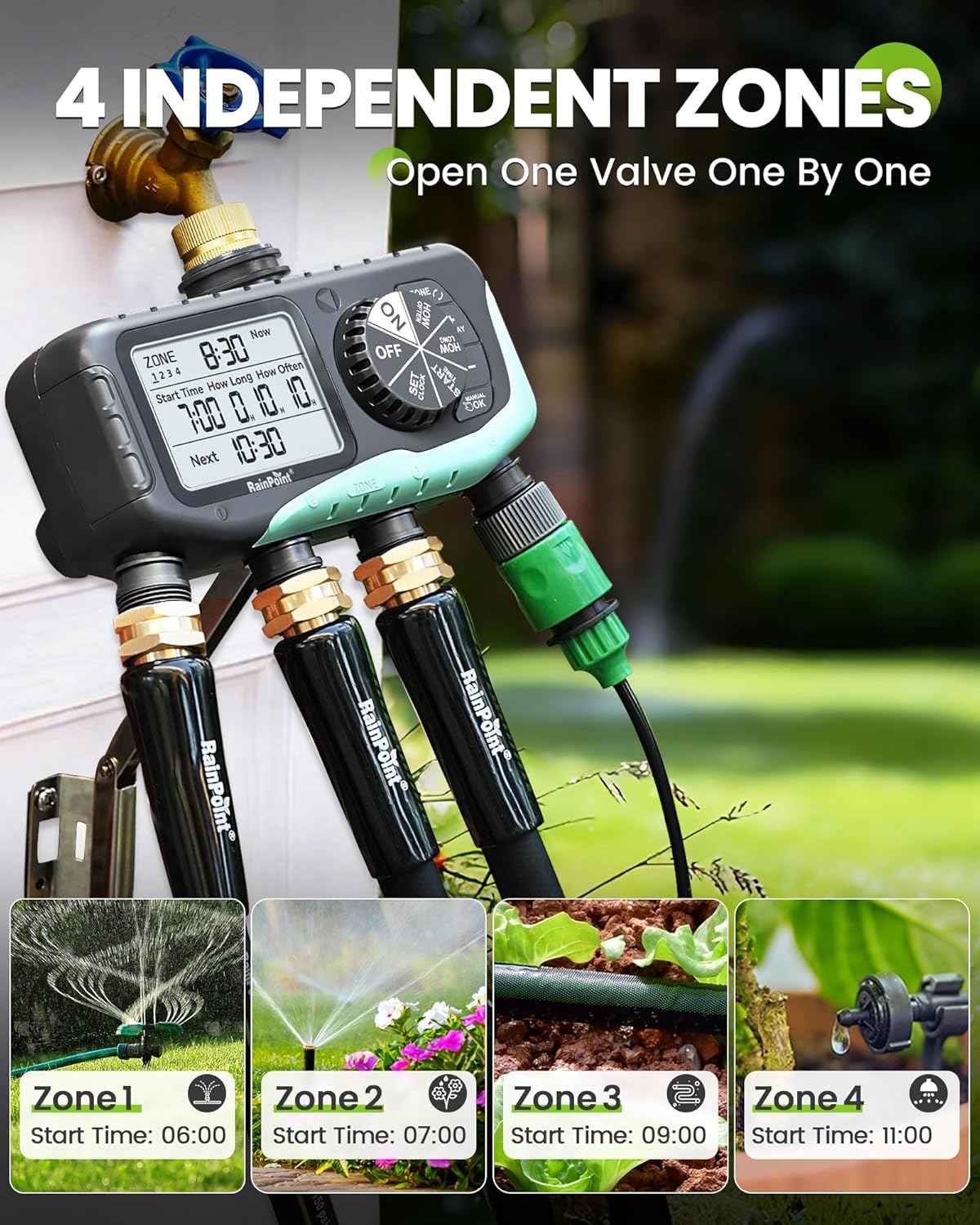 RAINPOINT Sprinkler Timer 4 Zone, Water Timer for Garden Hose, for Soaker Hose with Rain Delay/Manual/Automatic Watering System, Digital Irrigation for Yard, Lawn Brass Inlet