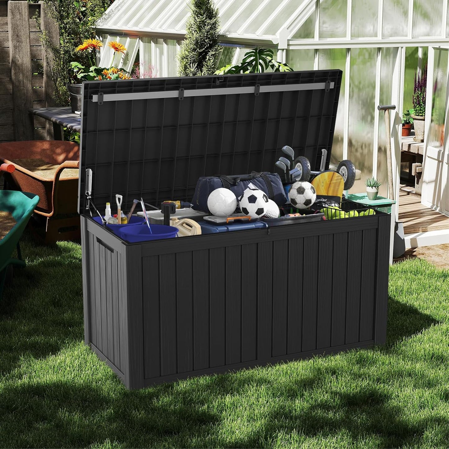 Mars Villa 150 Gallon Outdoor Storage Box, Large Resin Deck Box, Waterproof Storage Bin with Lockable Lid, Ideal for, Outdoor, Patio Furniture Cushions, Pool Supplies, Garden Tools, Black