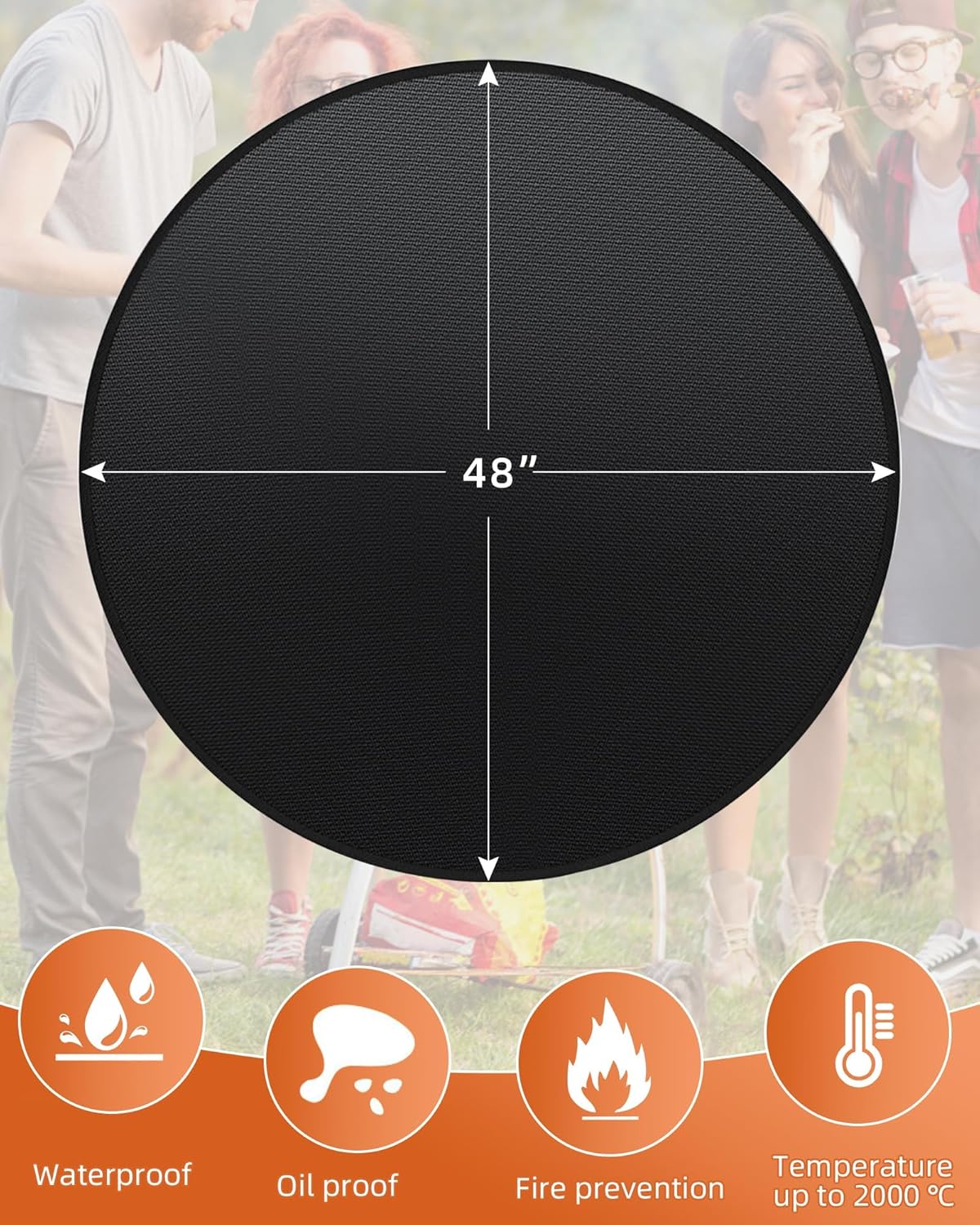Round BBQ Grill Mat, 48 Inch Double-Sided Fireproof Pad 4-Layer Deck Protector for Indoor Outdoor Grilling