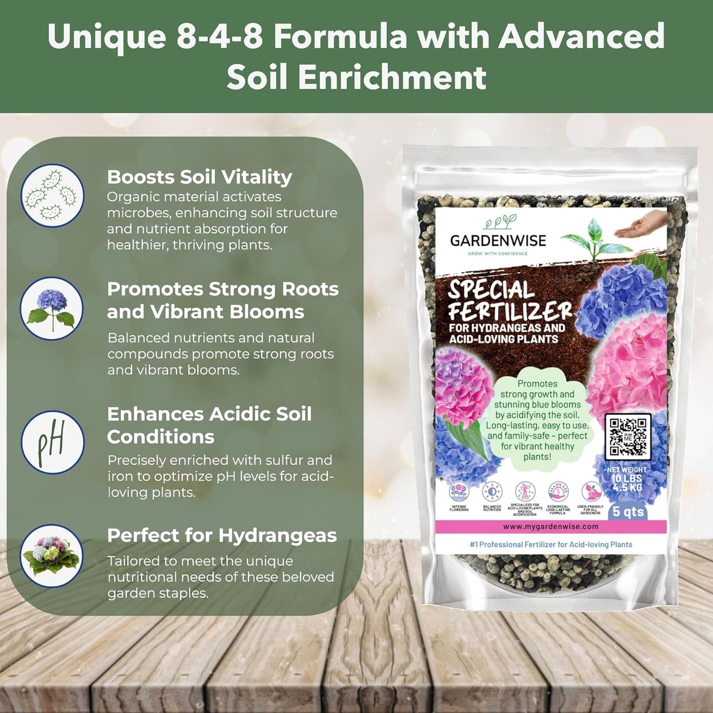 Slow Release Hydrangea Fertilizer with Iron & Sulfur – Indoor & Outdoor Soil Acidifier for Miracle Growth (3 qt)