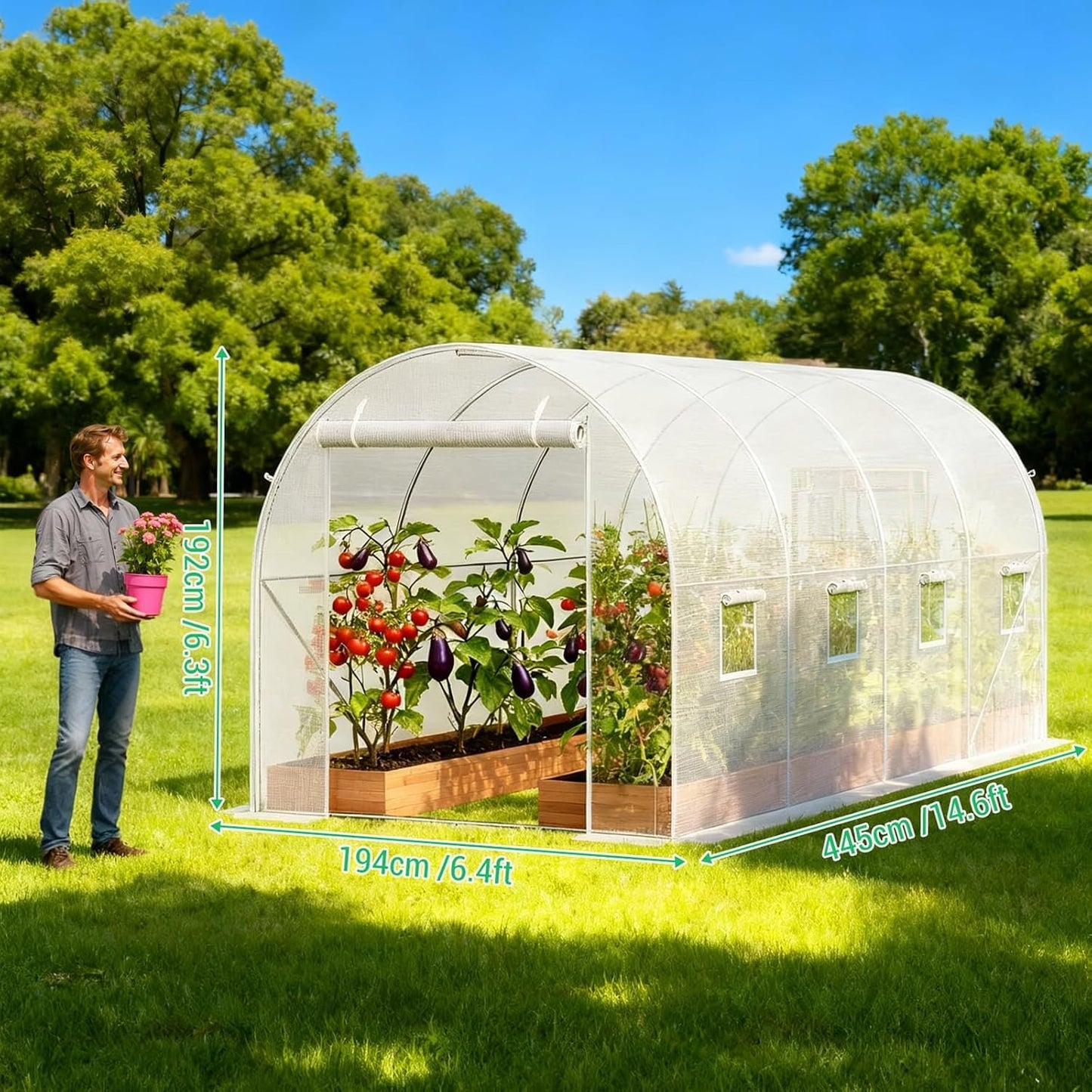 Outdoor Walk-in Tunnel Greenhouse, 15x7x7 ft Large Hoop Garden Plant Hot House with Roll-Up Zipper Door, 8 Screen Mesh Windows, Galvanized Steel Frame & White PE Cover for Backyard Plants Shed