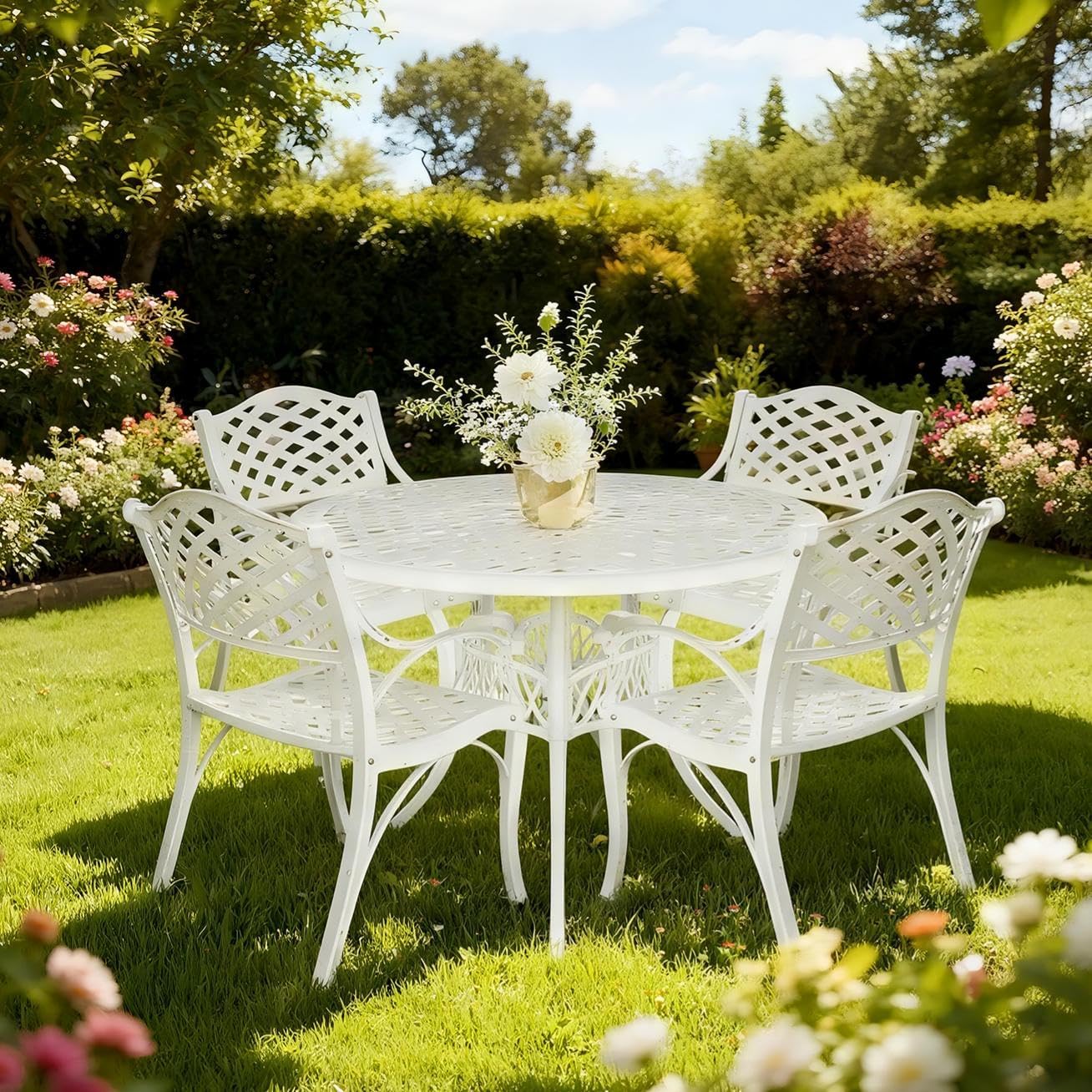 42 Inch Outdoor Patio Dining Table Round Cast Aluminum Table with 1.97" Umbrella Hole, All Weather Metal Bistro Table for Porch,Backyard,Garden,Balcony,White