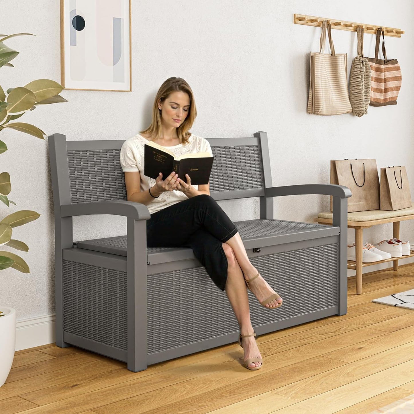 80 Gallon Outdoor Storage Box, Resin Patio Furniture with Armrest, Lockable Deck Box with Waterproof and UV Resistant for Patio Cushions, Garden Tools and Pool Supplies, Grey