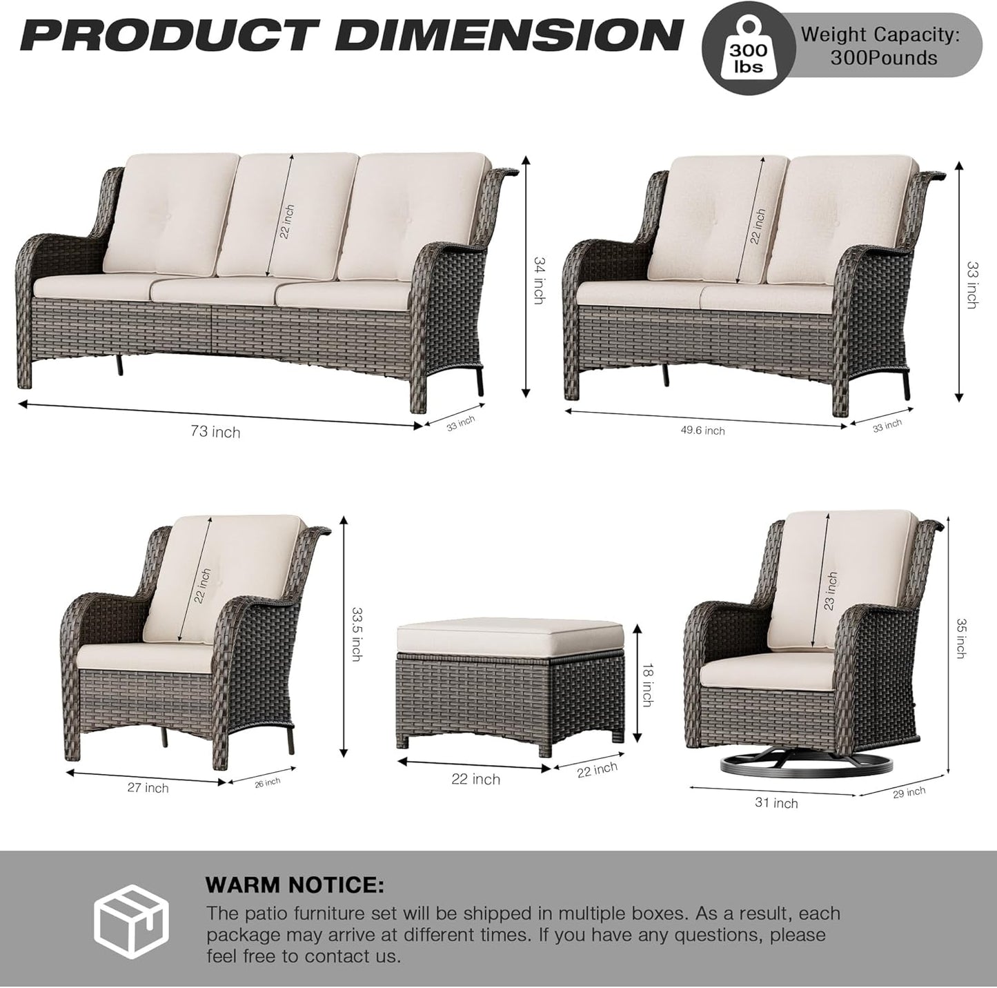 Joyside Patio Furniture Set 6 Pieces - Outdoor Rattan Furniture Set with 2 Armchairs, 2 Couch and 2 Ottomans, Olefin Cushions Included(Mixed Grey/Beige)