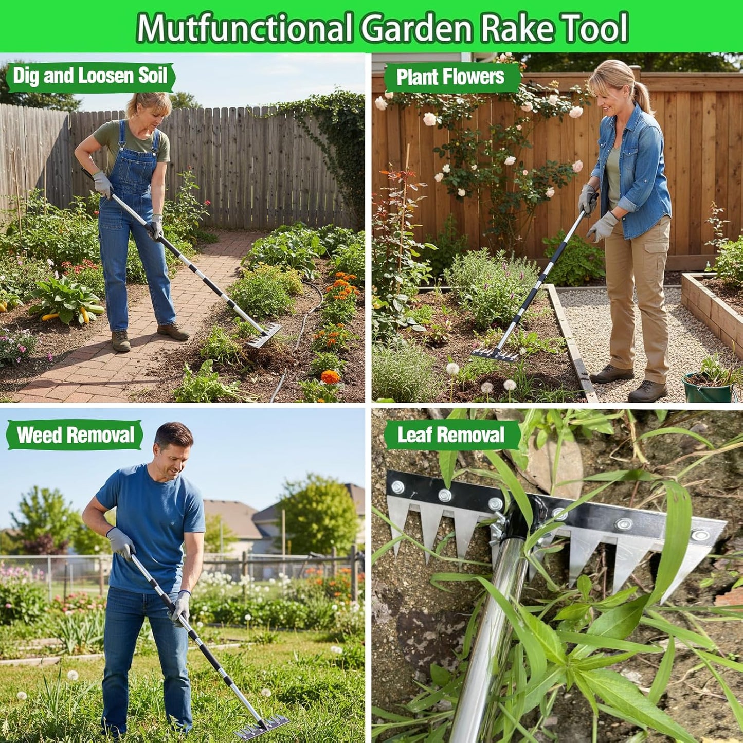 Iron Rake for Weeding, Garden Metal Rake Heavy Duty with 60 Inch Long Handle, Garden Weeding Rake Tools, 8 Tines Gardening Weed Rake Tool, Weeder Tool Weed Puller for Backyard Farm Planting Weeding
