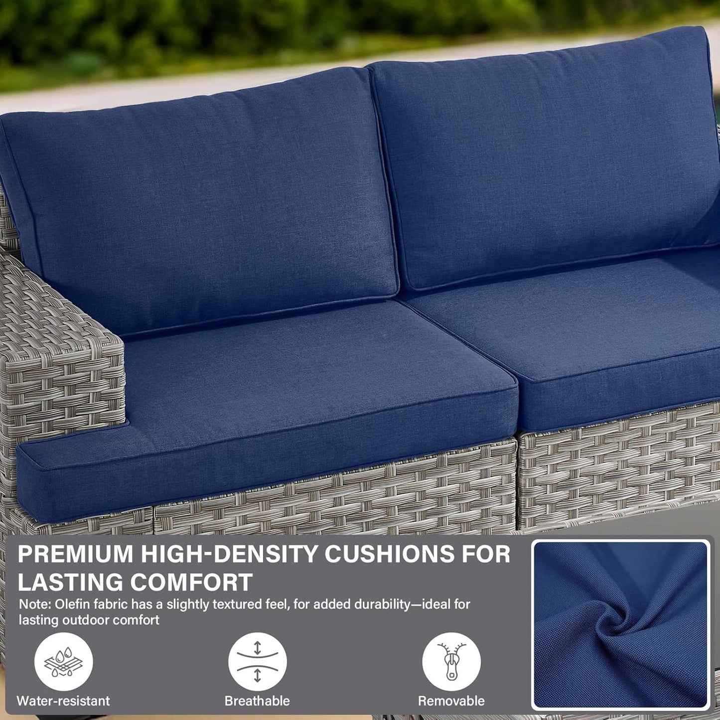 9 Piece Patio Furniture Set with 43-Inch Propane Fire Pit Table, Outdoor Sectional Sofa Set, 5 Seater Modular Wicker Seating with 50000 BTU Fire Table for Deck Backyard Casual Gathering