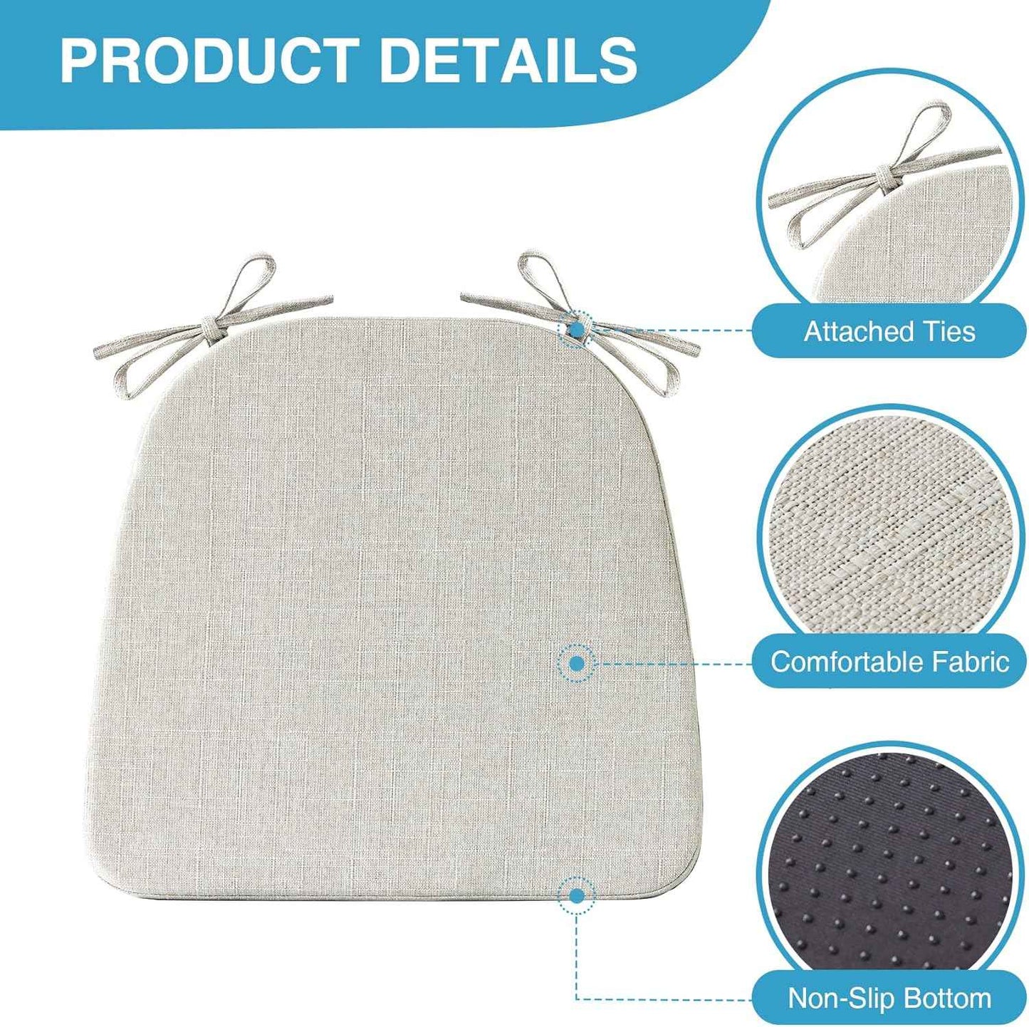 IASEAHK Chair Cushions for Dining Chairs Set of 4, Non Slip Kitchen Chair Pads, 17" x 16" x 2", Indoor Dining Chair Cushions with Ties, D-Shaped Seat Cushions for Kitchen Chairs, Beige