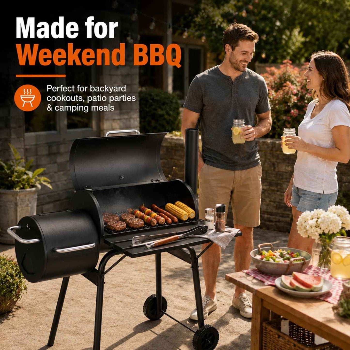 Outdoor Charcoal Grill & Smoker Combo - Dual Chamber, Heavy-Duty Steel, Black - Ideal for BBQ, Backyard Cooking, Camping - Portable Grill with Enhanced Thermometer, Easy Mobility，camping grill