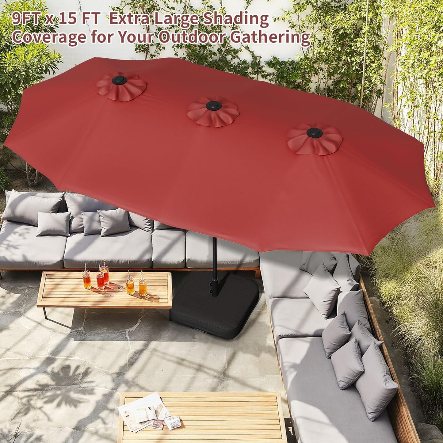 Shintenchi 16FT Large Patio Umbrella with Base, Outdoor Double-Sided Rectangular Umbrella, Market Umbrella with Crank Handle for Poolside Lawn Garden, Red
