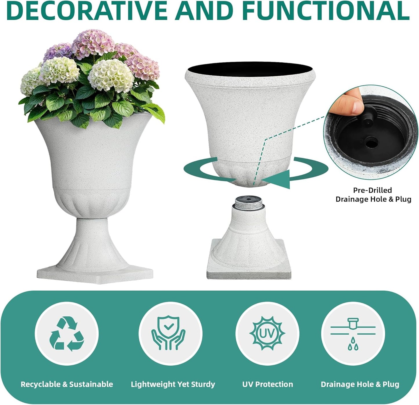 22" H Urn Tall Planters, 2-Pack Large Flower Pots for Indoor Outdoor Use, Elegant White Terrazzo Weather-Resistant Pot Containers for Garden Patio Yard Balcony Entryway or Home Décor, KD Base