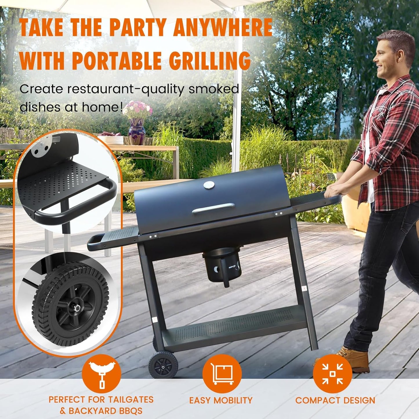 Realcook BBQ Barrel Charcoal Grill: Spacious Premium Outdoor Barbecue Grills with Side Tables - Perfect for Outdoor Cooking Backyard Grilling Patio Tailgating Camping Picnic and Party