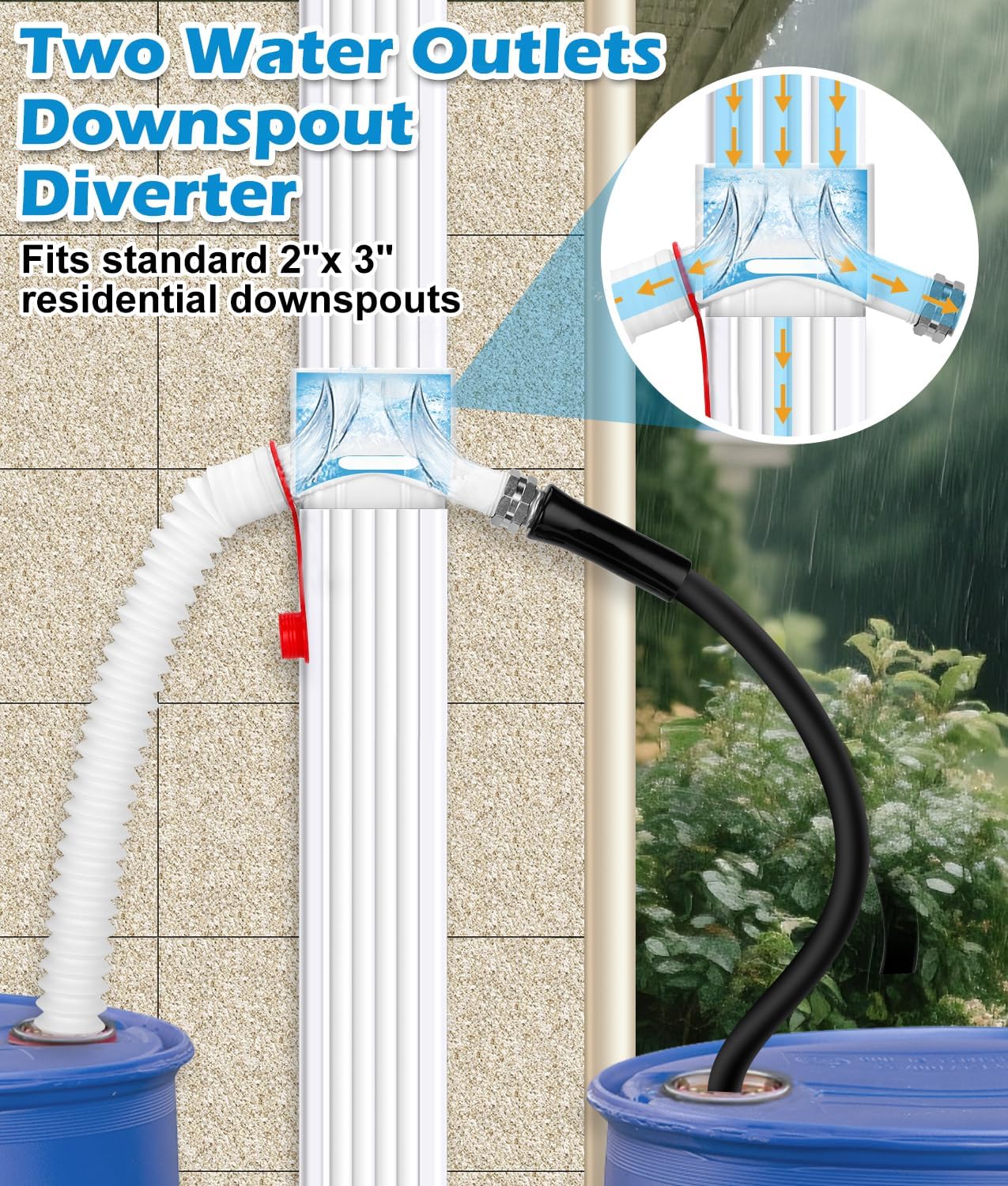 Downspout Diverter, WADEO Rain Barrel Diverter Fits for 2"x 3" Standard Downspout, Rainwater Collection System with Two Water Outlets to Collect Rainwater from Gutter, with 5FT Hose