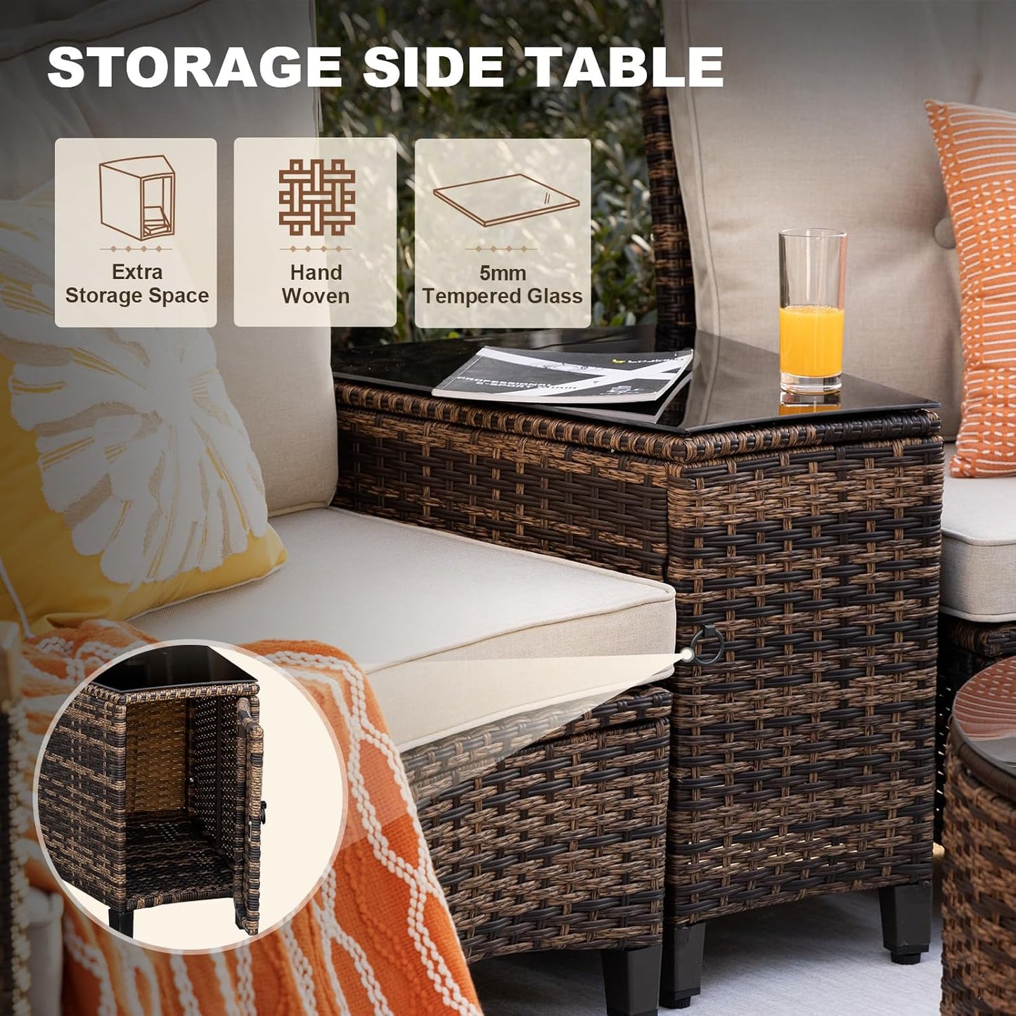 8 Piece Outdoor Patio Furniture Set, Half-Moon Curved Sectional Set with Wood Armrests, Patio Conversation Set, 2 Half-Moon Ottomans, Round Table & Side Table (Brown)