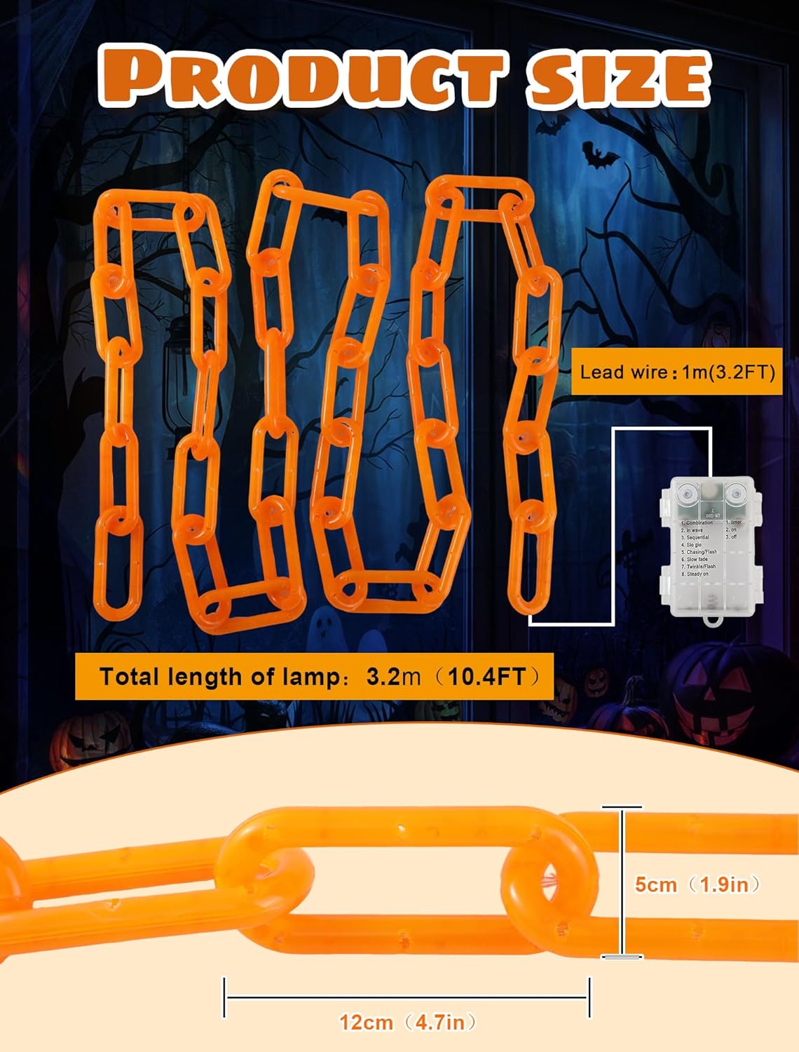 Halloween Decorations Chain Lights,10.4 Ft 175 LED Plastic Chain String Lights Battery Operated and USB,8 Lighting Modes Orange Light with Timer for Halloween Skeleton Dog Party Spooky Outdoor
