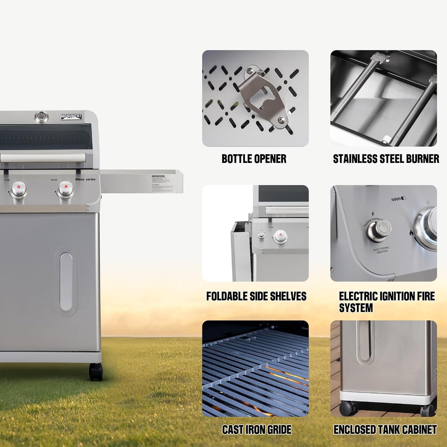 Monument Grills 2-Burner Stainless Steel Liquid Propane Gas Grill, Two Foldable Shelves Patio Garden Barbecue Grill with Clearview® Lid, Knob Control Mesa200S