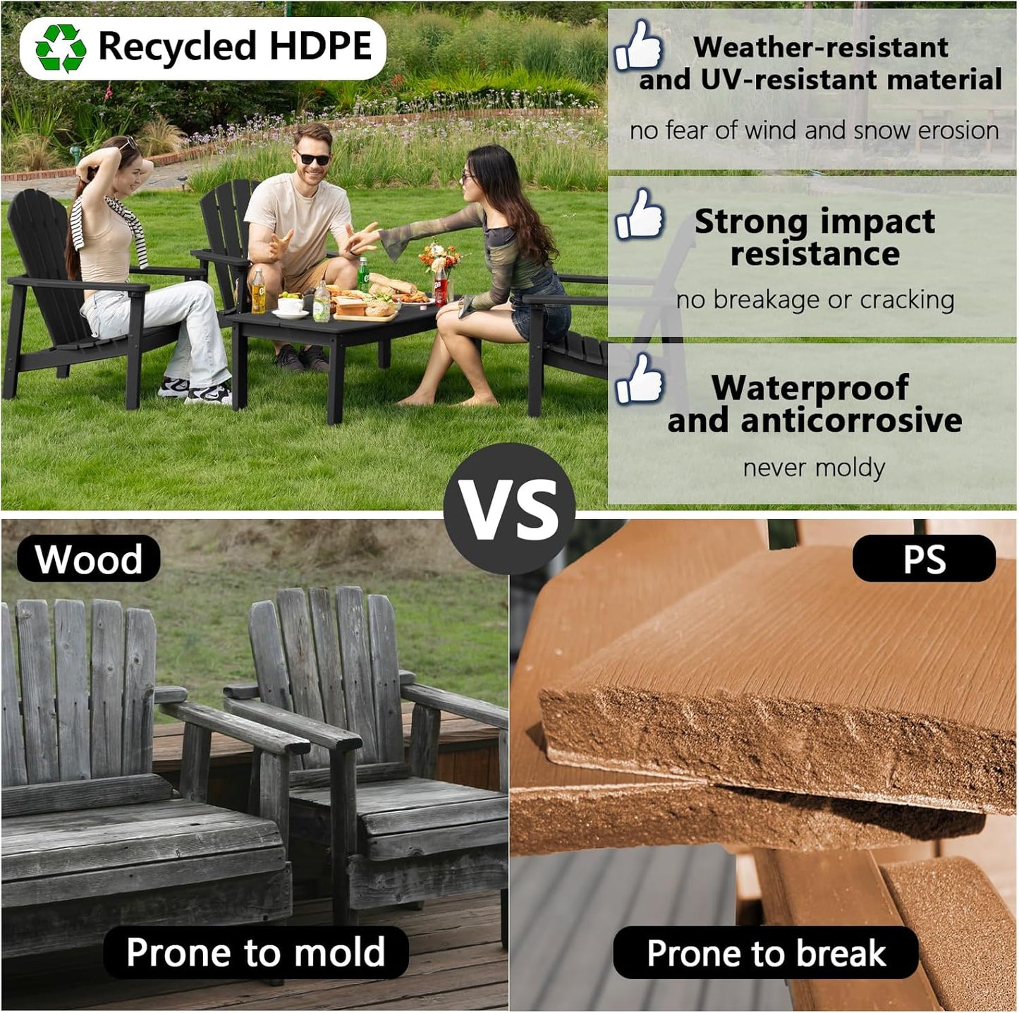 Stackable Adirondack Chair Set of 2, HDPE Outdoor Patio Chair - Durable and Space Saving, Suitable for Porches, Lawns or Garden, Black