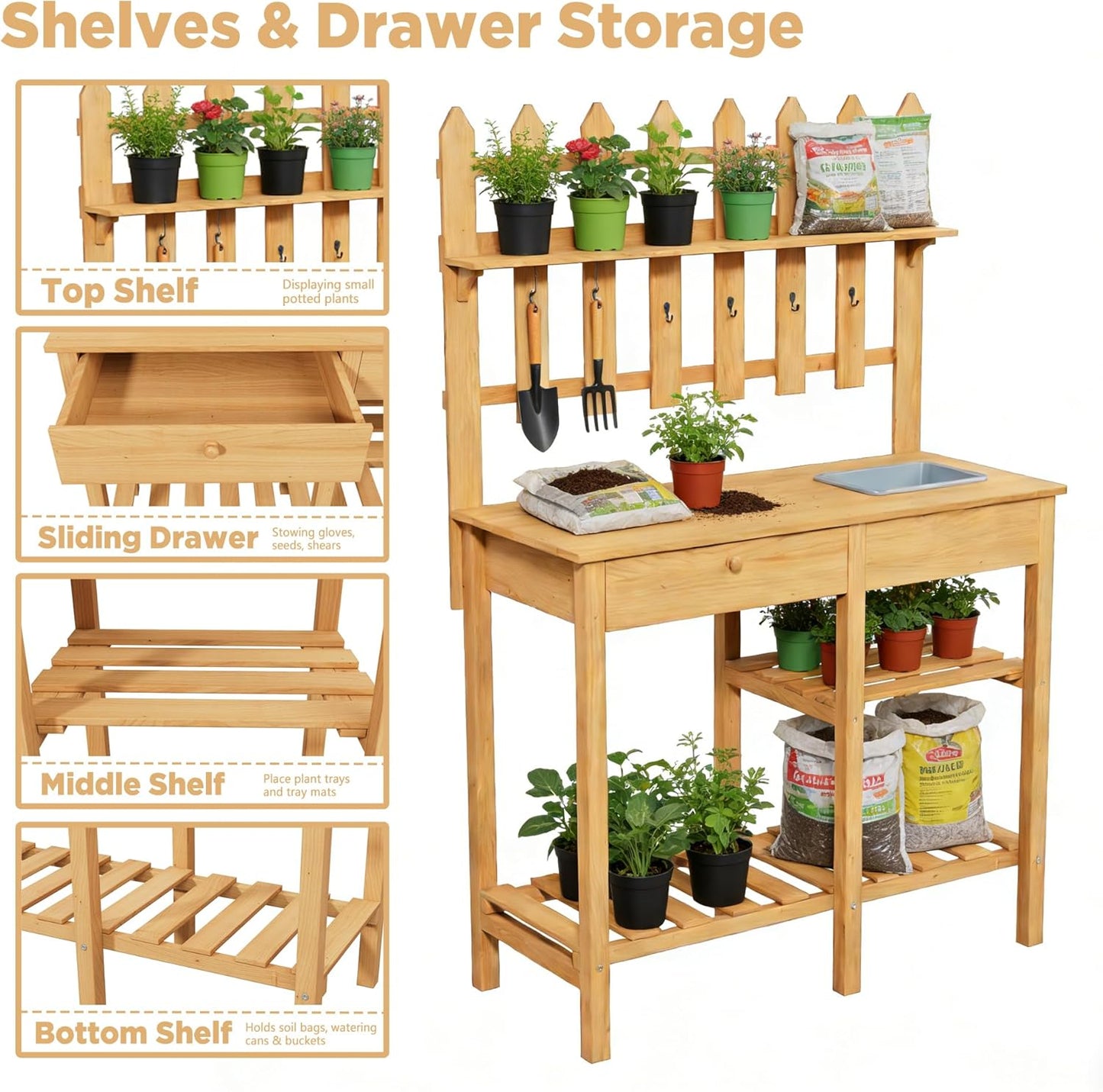 Outdoor Potting Bench, Wooden Potting Table with Built-in Sink, Drawer, Hooks & Storage Shelves – Large Gardening Bench for Outside Garden Workstation, Backyard Patio Balcony, Brown