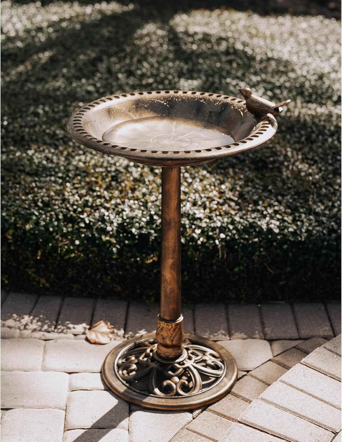 Backyard Expressions Outdoor Garden Bird Bath with Bird - Bronze - Weather Resistant Polyresin - 30 Inch