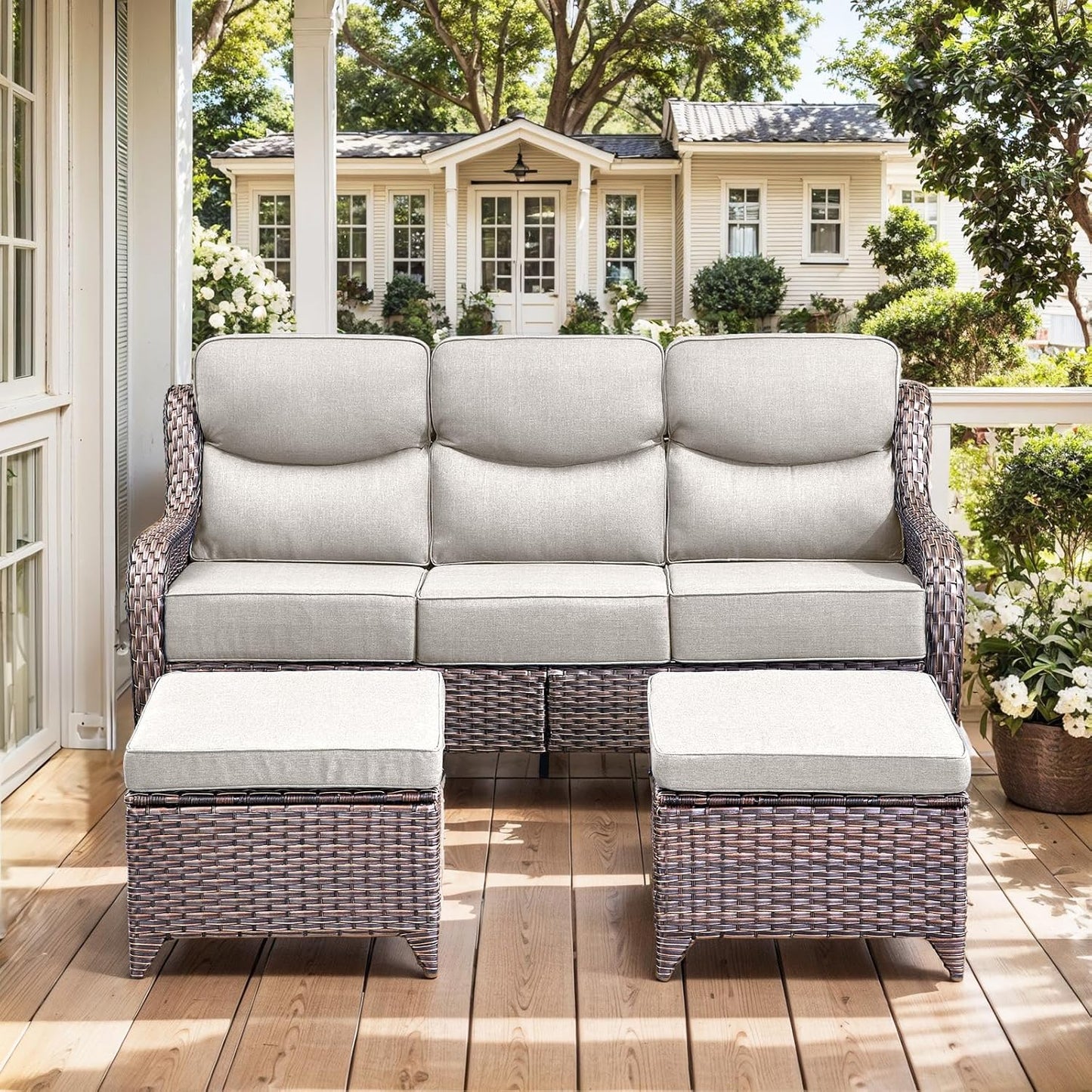 HUMMUH 7 Pieces Wicker Patio Furniture Set with Patio Swivel Chairs Set of 4,High Back Outdoor Sofa Ottomans,6 Inch Thick Cushions Outdoor Conversation Set for Porch, Balcony, Deck
