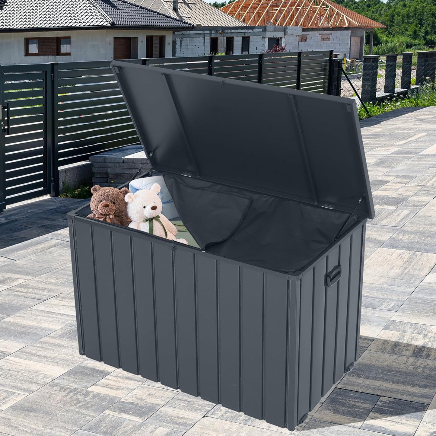 Outdoor Storage Box, 120 Gallon Metal Deck Box Built-in a Oxford Fabric Storage Bag, Lockable & Waterproof Outside Patio Storage Box for Cushions, Pillows, Pool Floats- Grey