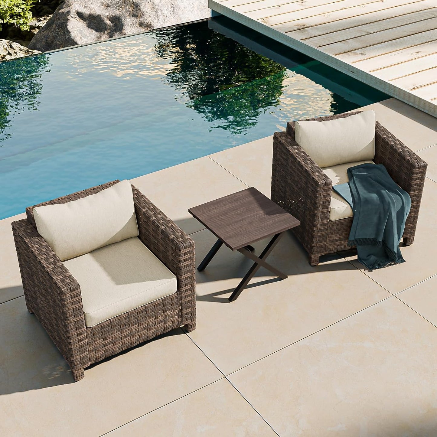 EAGLE PEAK Harbor Haven 3 Piece Wicker Patio Bistro Set, Outdoor Chairs & Side Table, Weather Resistant Furniture Set for Balcony, Deck, Garden, Brown/Beige